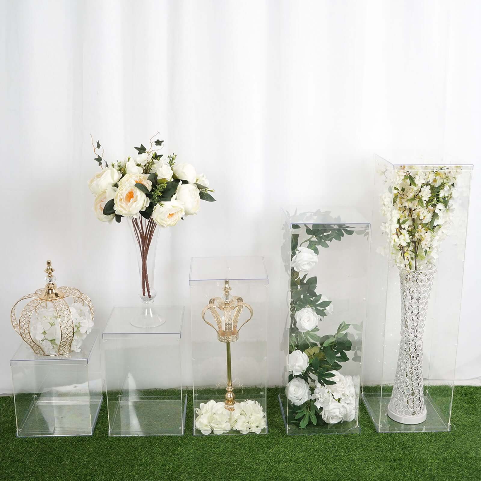 Set of 5 Clear Acrylic Pedestal Risers, Transparent Display Boxes with Interchangeable Lid and Base 12",16",24",32",40"