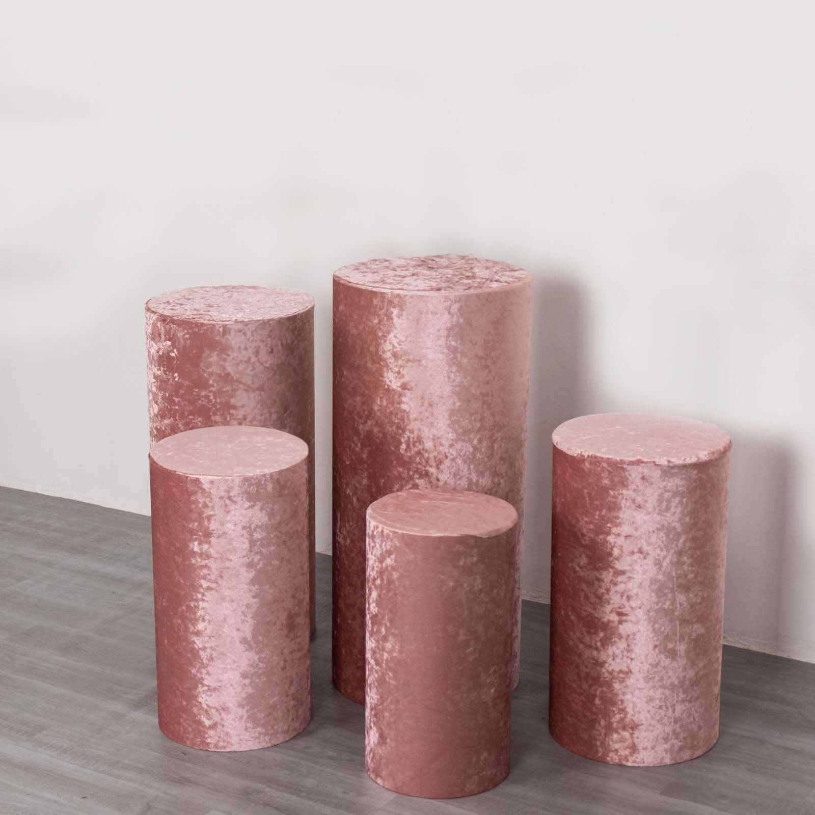 Set of 5 Dusty Rose Crushed Velvet Cylinder Pillar Prop Covers, Premium Pedestal Stand Covers - Image 4