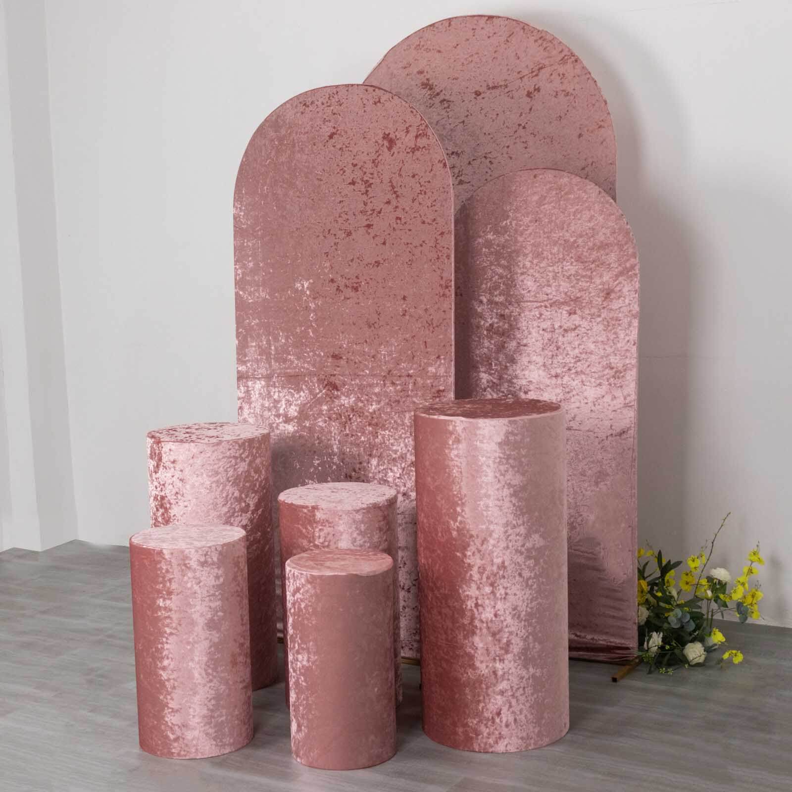 Set of 5 Dusty Rose Crushed Velvet Cylinder Pillar Prop Covers, Premium Pedestal Stand Covers - Image 6