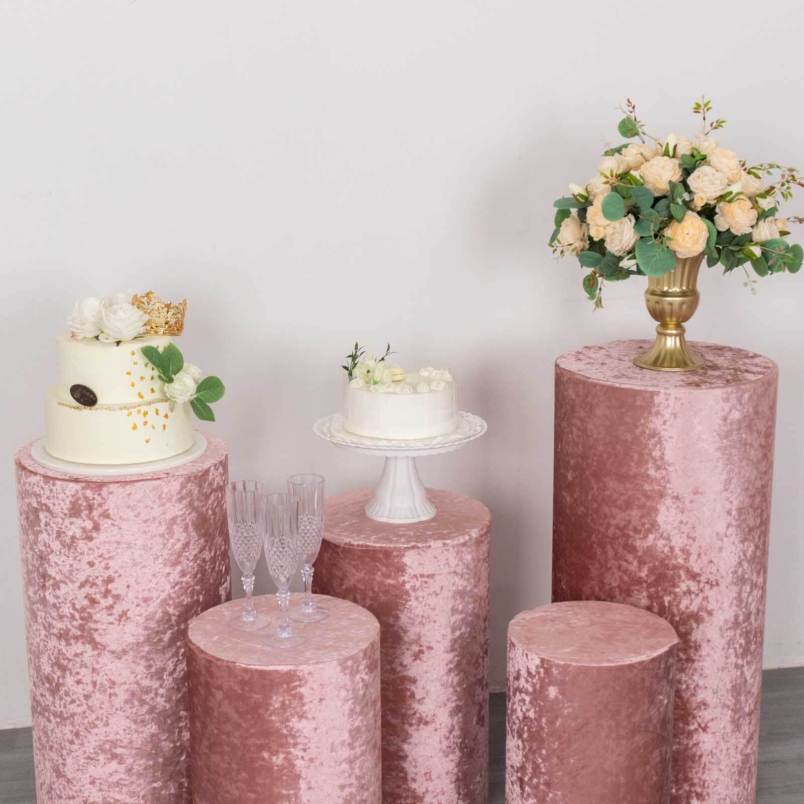 Set of 5 Dusty Rose Crushed Velvet Cylinder Pillar Prop Covers, Premium Pedestal Stand Covers - Image 8
