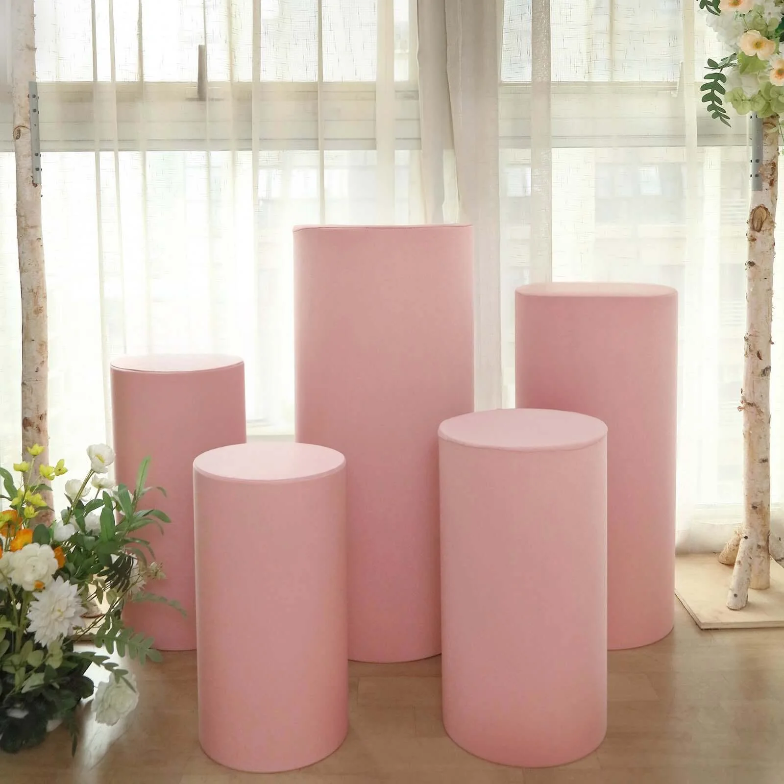 Set of 5 Dusty Rose Spandex Cylinder Pillar Prop Covers, Stretchable Pedestal Stand Covers - 160 GSM