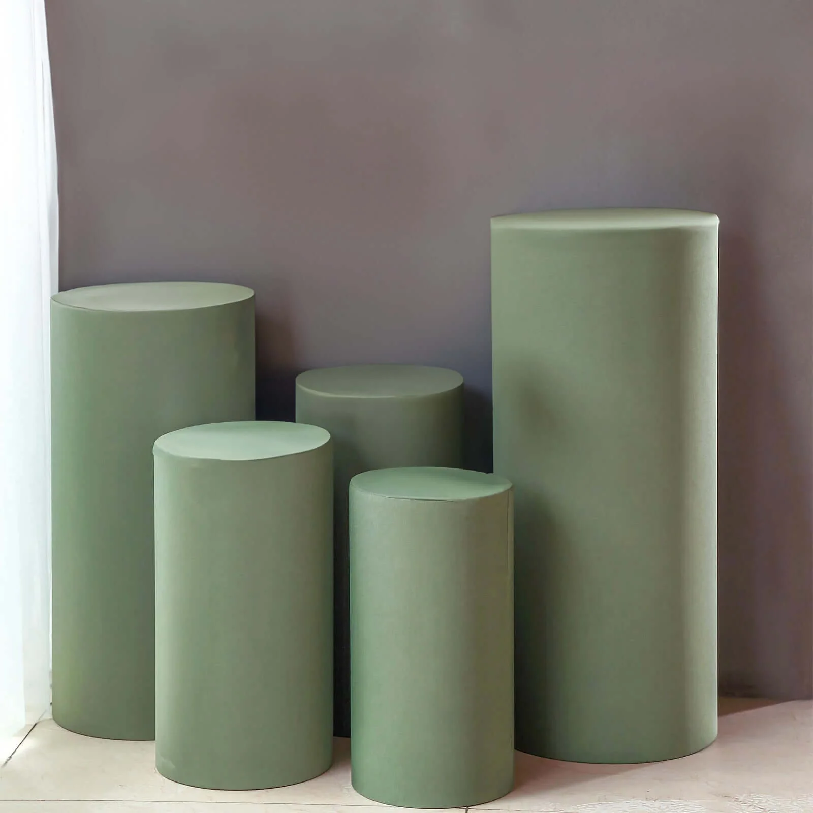 Set of 5 Dusty Sage Green Spandex Cylinder Pillar Prop Covers, Stretchable Pedestal Stand Covers - 160 GSM