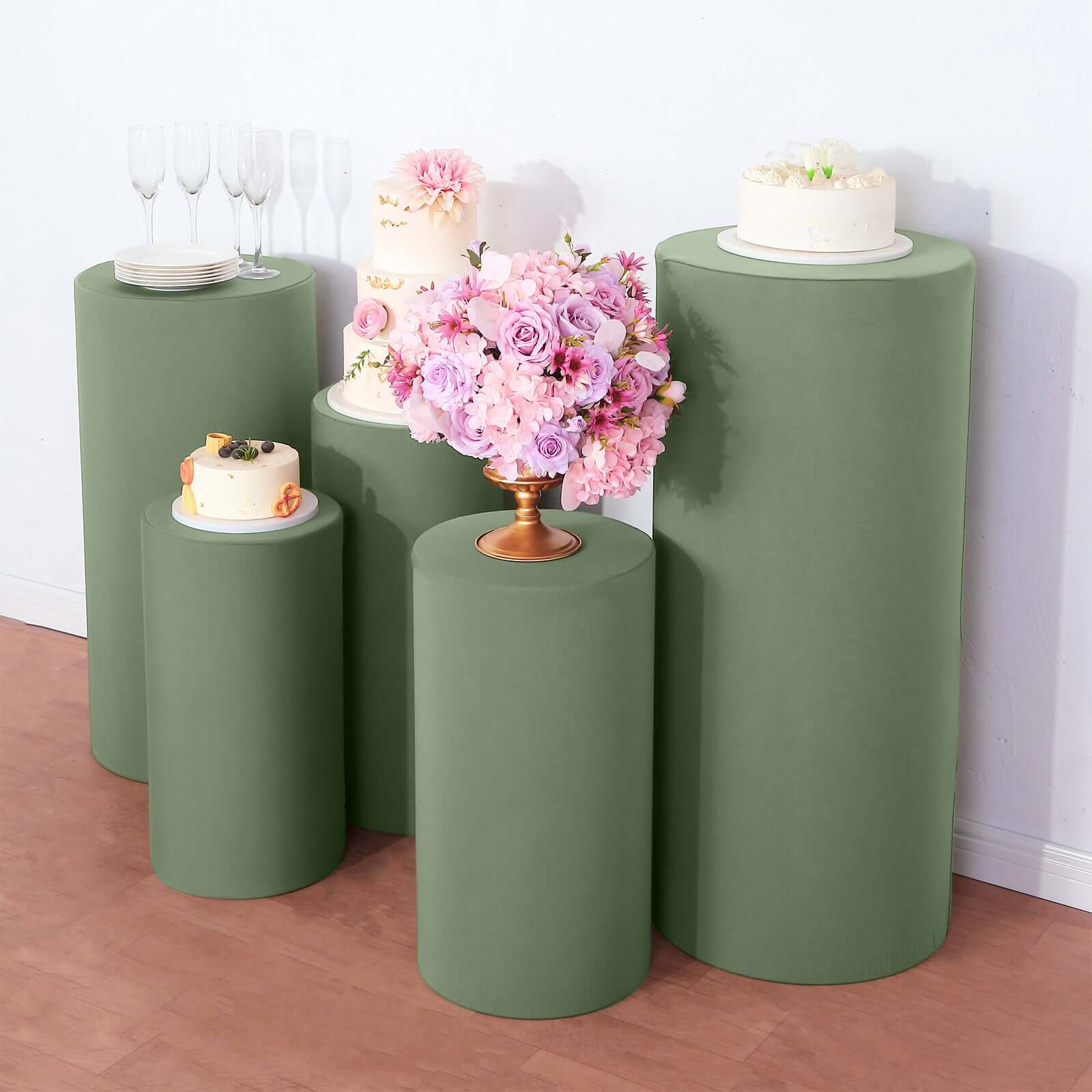 Set of 5 Dusty Sage Green Spandex Cylinder Pillar Prop Covers, Stretchable Pedestal Stand Covers - 160 GSM - Image 2