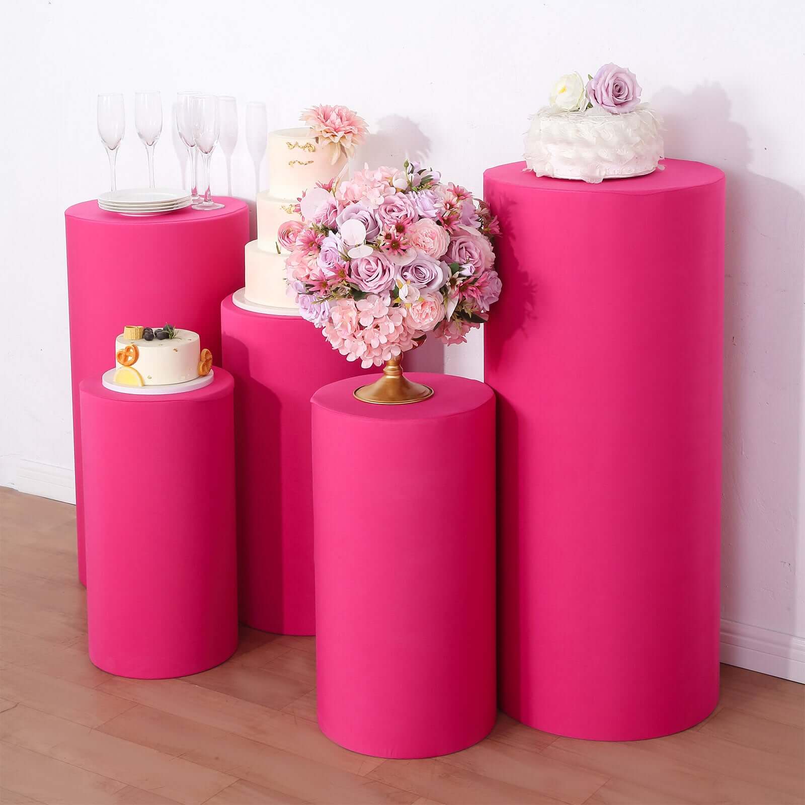 Set of 5 Fuchsia Spandex Cylinder Pillar Prop Covers, Stretchable Pedestal Stand Covers - 160 GSM - Image 2