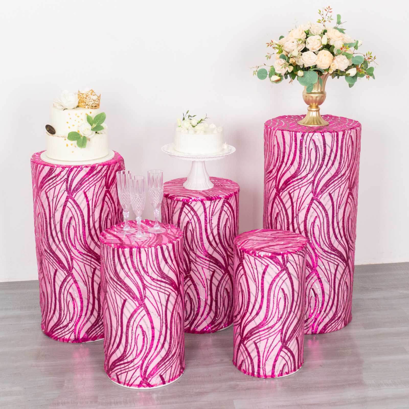 Set of 5 Fuchsia Wave Mesh Cylinder Pillar Prop Covers with Embroidered Sequins, Premium Pedestal Stand Covers - 160 GSM - Image 10