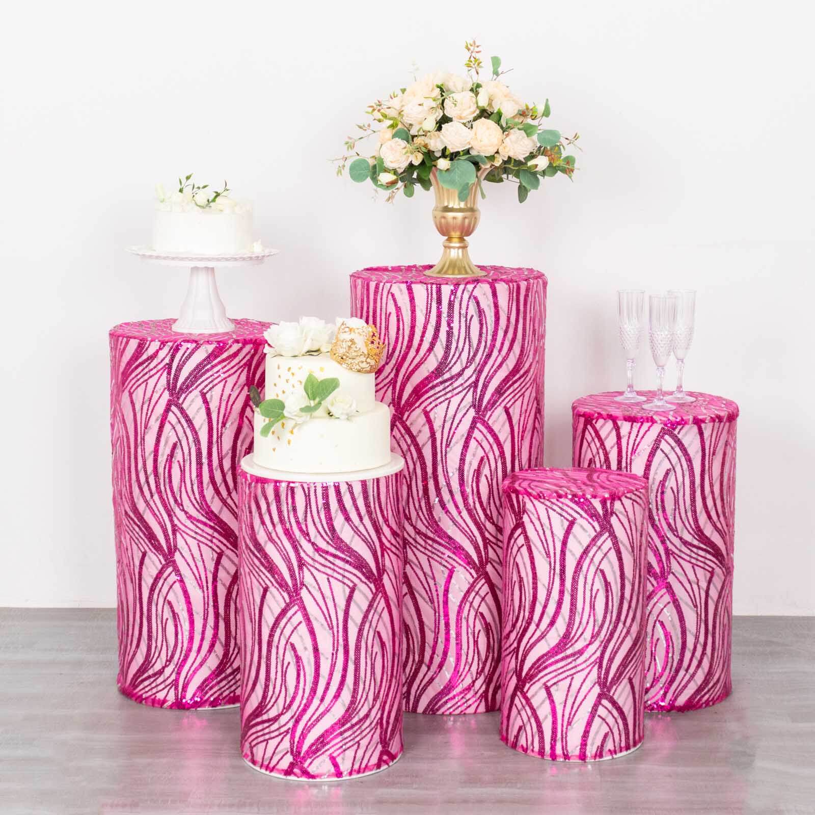 Set of 5 Fuchsia Wave Mesh Cylinder Pillar Prop Covers with Embroidered Sequins, Premium Pedestal Stand Covers - 160 GSM - Image 11