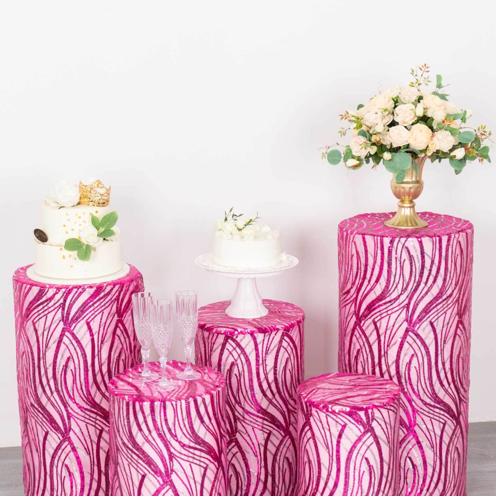 Set of 5 Fuchsia Wave Mesh Cylinder Pillar Prop Covers with Embroidered Sequins, Premium Pedestal Stand Covers - 160 GSM - Image 12