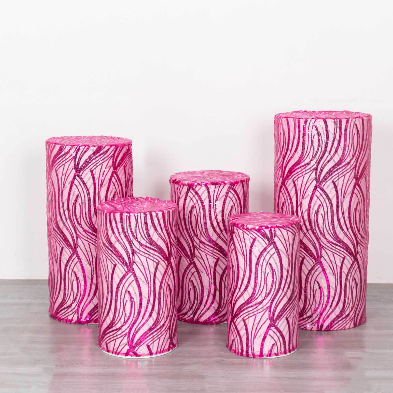Set of 5 Fuchsia Wave Mesh Cylinder Pillar Prop Covers with Embroidered Sequins, Premium Pedestal Stand Covers - 160 GSM - Image 13
