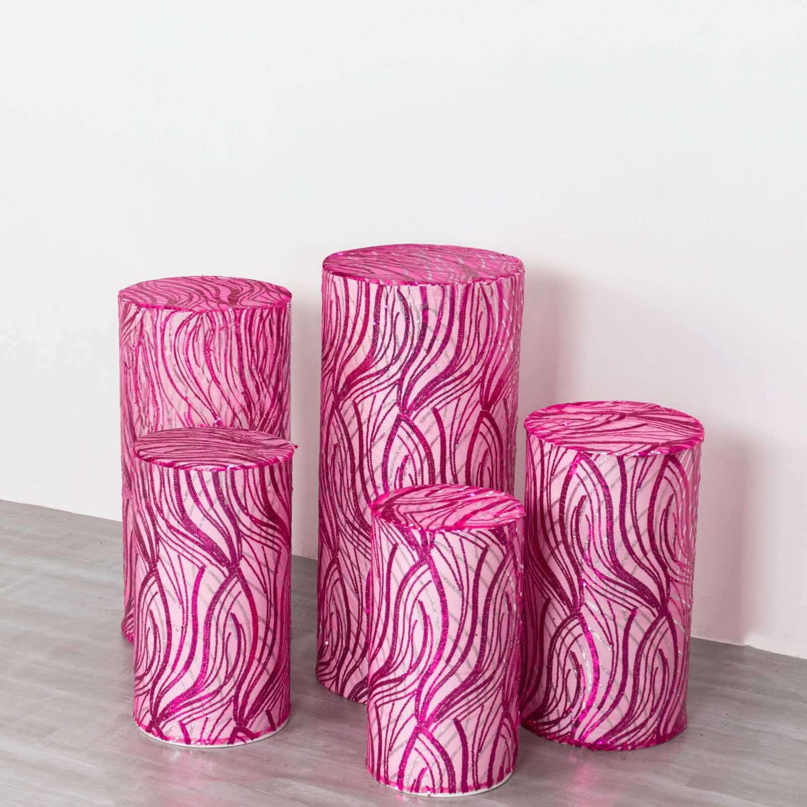 Set of 5 Fuchsia Wave Mesh Cylinder Pillar Prop Covers with Embroidered Sequins, Premium Pedestal Stand Covers - 160 GSM - Image 4