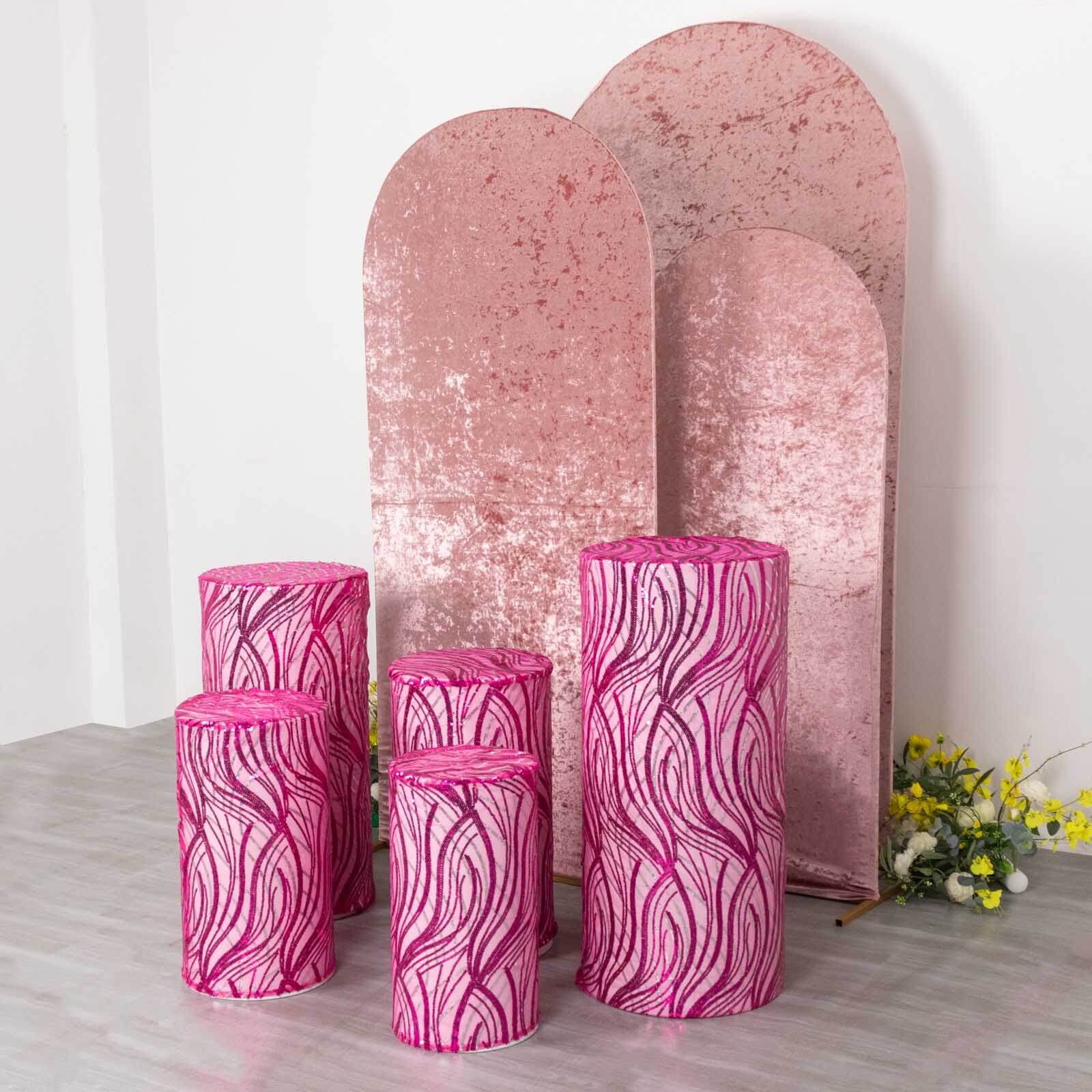 Set of 5 Fuchsia Wave Mesh Cylinder Pillar Prop Covers with Embroidered Sequins, Premium Pedestal Stand Covers - 160 GSM - Image 5
