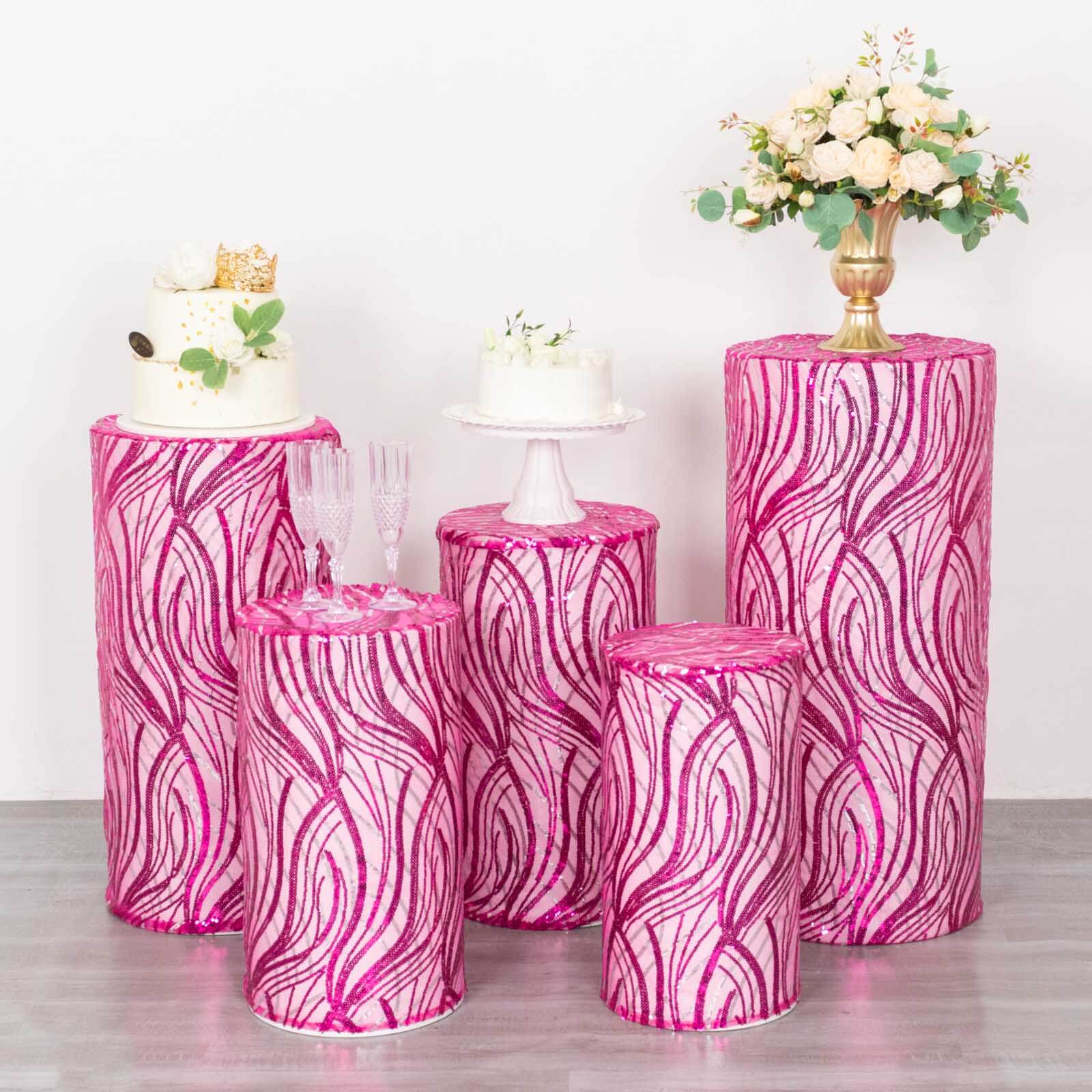 Set of 5 Fuchsia Wave Mesh Cylinder Pillar Prop Covers with Embroidered Sequins, Premium Pedestal Stand Covers - 160 GSM - Image 6