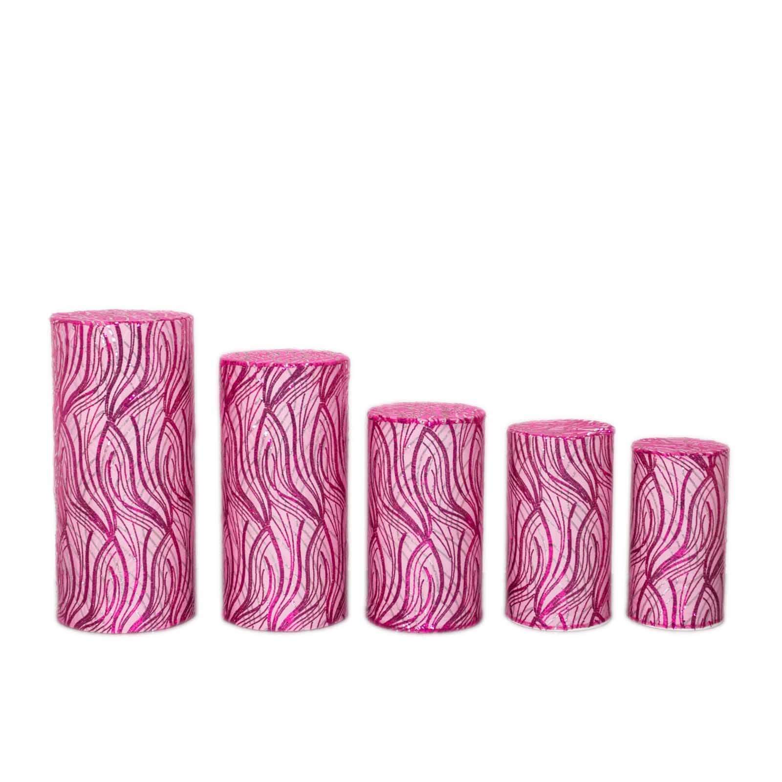 Set of 5 Fuchsia Wave Mesh Cylinder Pillar Prop Covers with Embroidered Sequins, Premium Pedestal Stand Covers - 160 GSM - Image 7