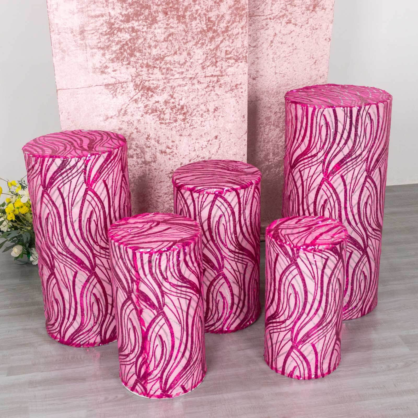 Set of 5 Fuchsia Wave Mesh Cylinder Pillar Prop Covers with Embroidered Sequins, Premium Pedestal Stand Covers - 160 GSM - Image 8