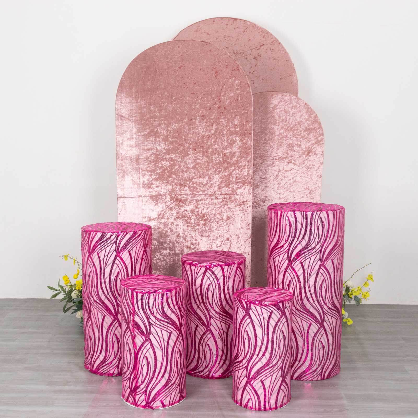 Set of 5 Fuchsia Wave Mesh Cylinder Pillar Prop Covers with Embroidered Sequins, Premium Pedestal Stand Covers - 160 GSM - Image 9