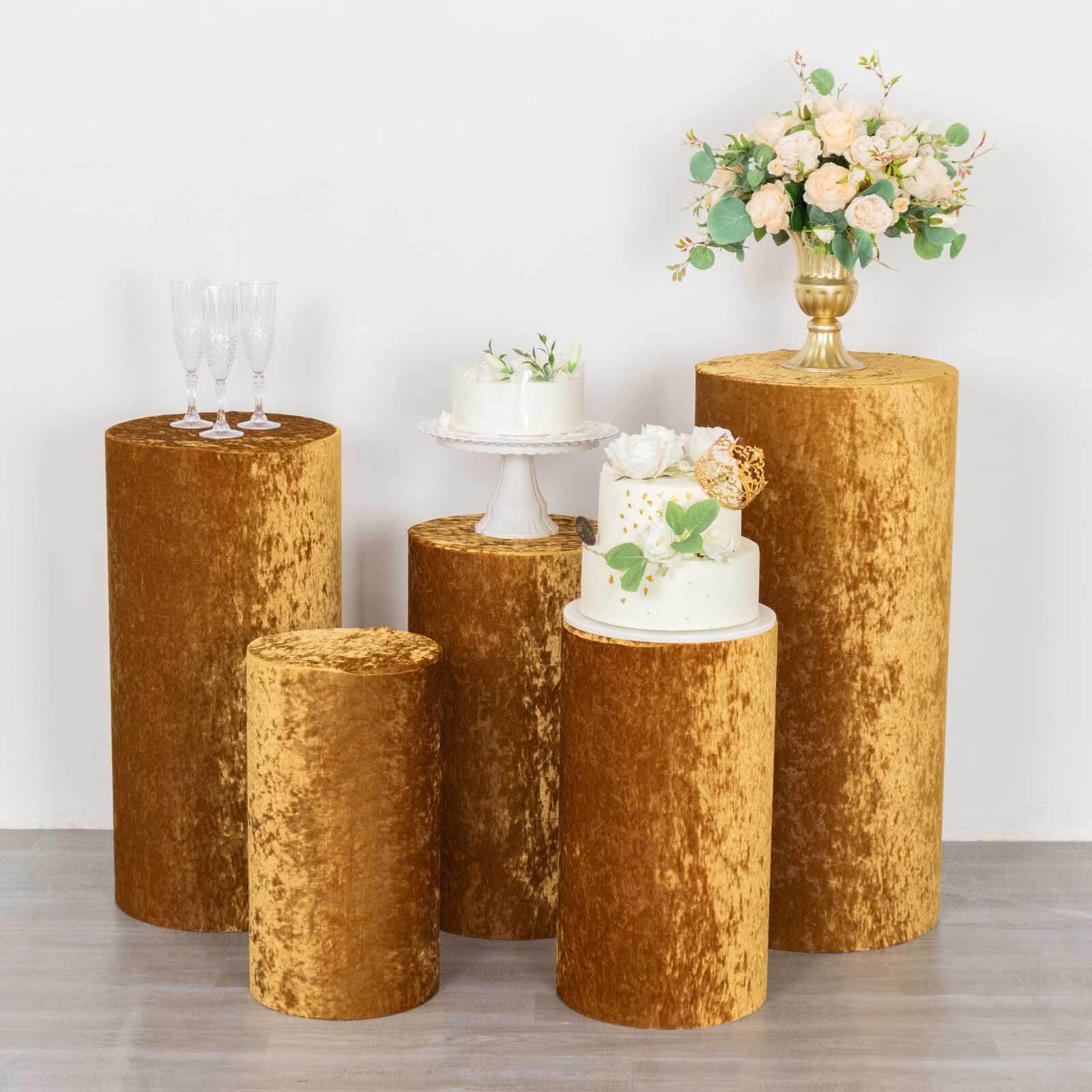 Set of 5 Gold Crushed Velvet Cylinder Pillar Prop Covers, Premium Pedestal Stand Covers - Image 6