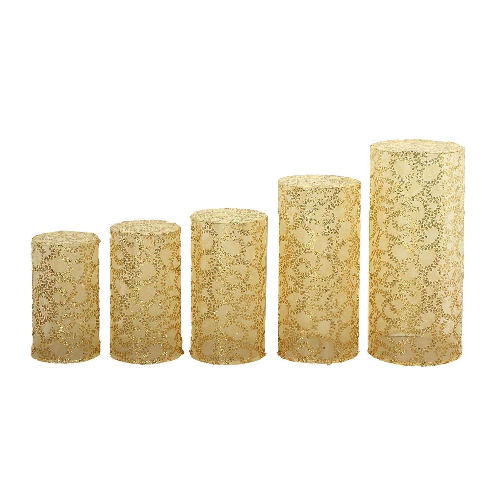Set of 5 Gold Sequin Mesh Cylinder Pillar Prop Covers with Leaf Vine Embroidery, Sparkly Sheer Tulle Pedestal Stand Covers - Image 11