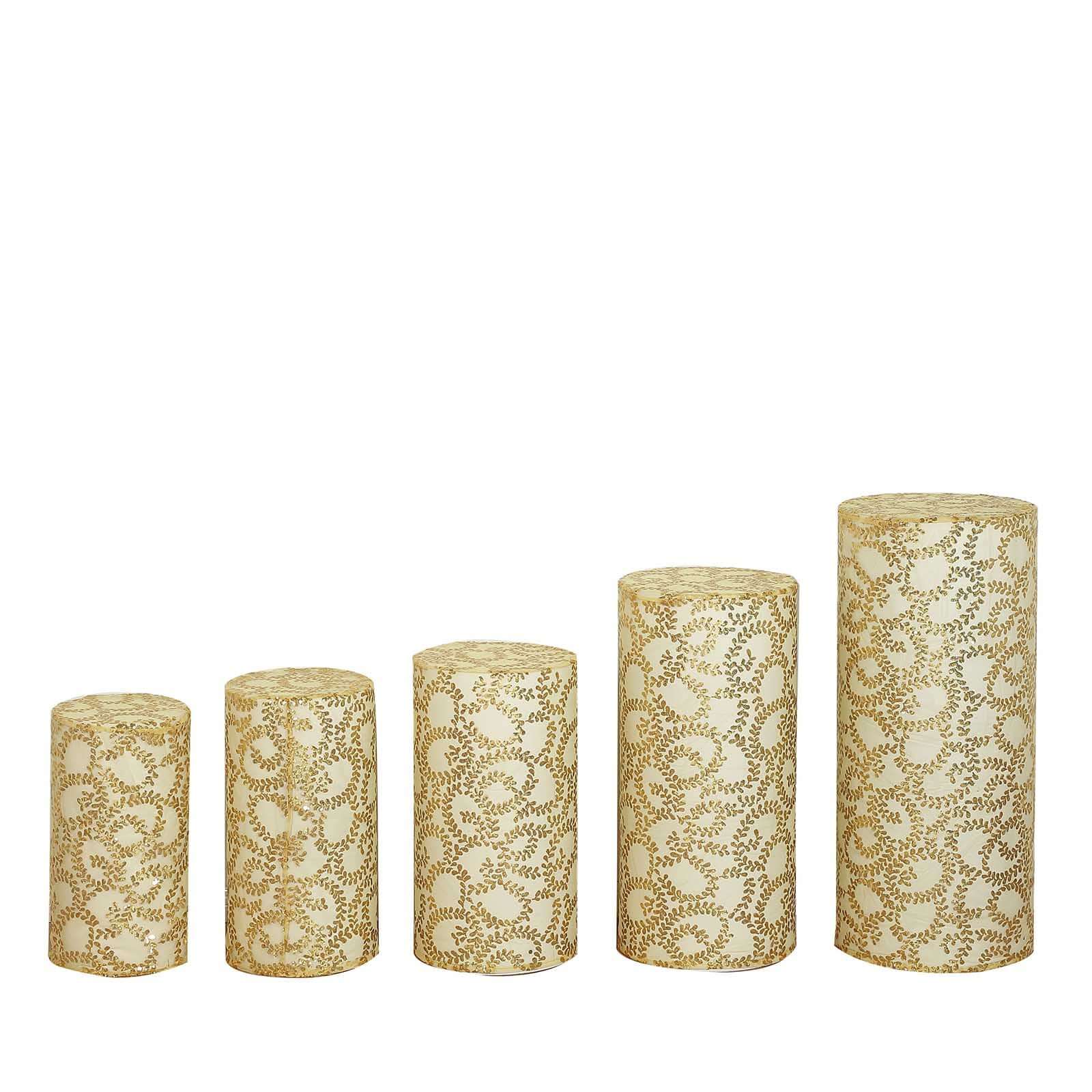 Set of 5 Gold Sequin Mesh Cylinder Pillar Prop Covers with Leaf Vine Embroidery, Sparkly Sheer Tulle Pedestal Stand Covers - Image 12