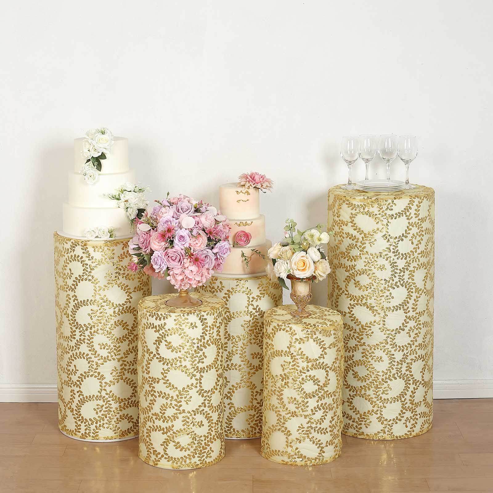 Set of 5 Gold Sequin Mesh Cylinder Pillar Prop Covers with Leaf Vine Embroidery, Sparkly Sheer Tulle Pedestal Stand Covers - Image 2