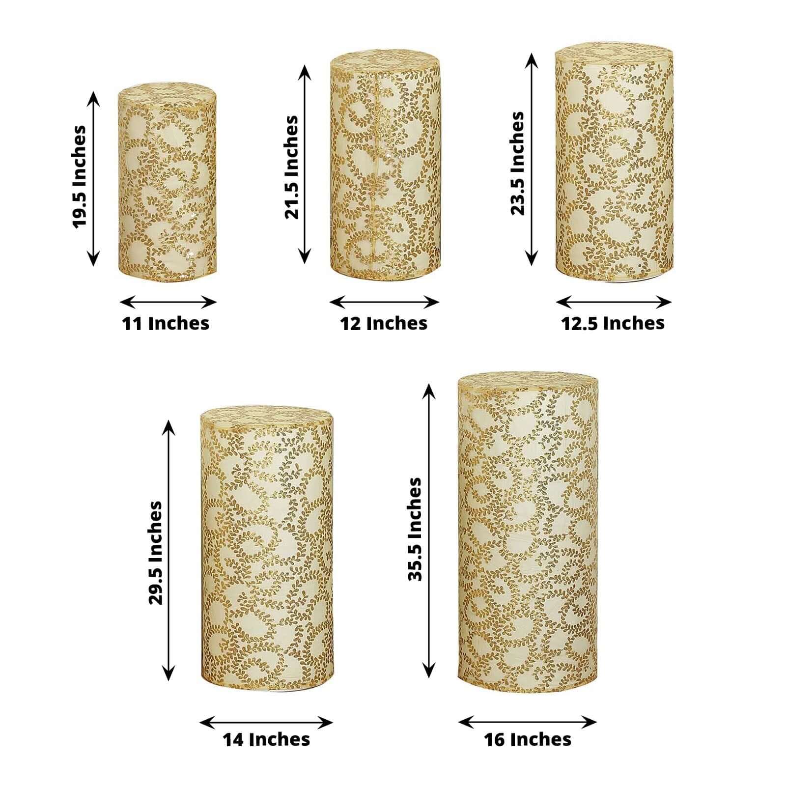 Set of 5 Gold Sequin Mesh Cylinder Pillar Prop Covers with Leaf Vine Embroidery, Sparkly Sheer Tulle Pedestal Stand Covers - Image 3