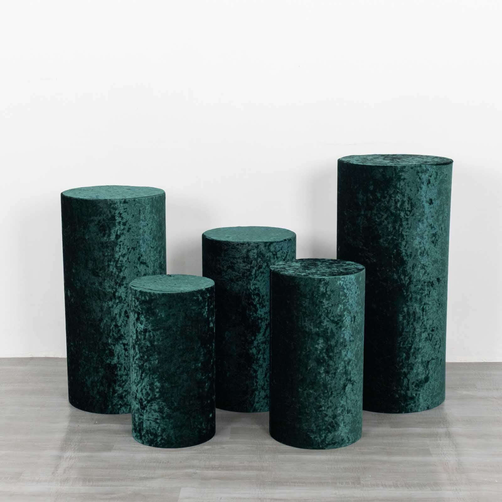 Set of 5 Hunter Emerald Green Crushed Velvet Cylinder Pillar Prop Covers, Premium Pedestal Stand Covers - Image 2
