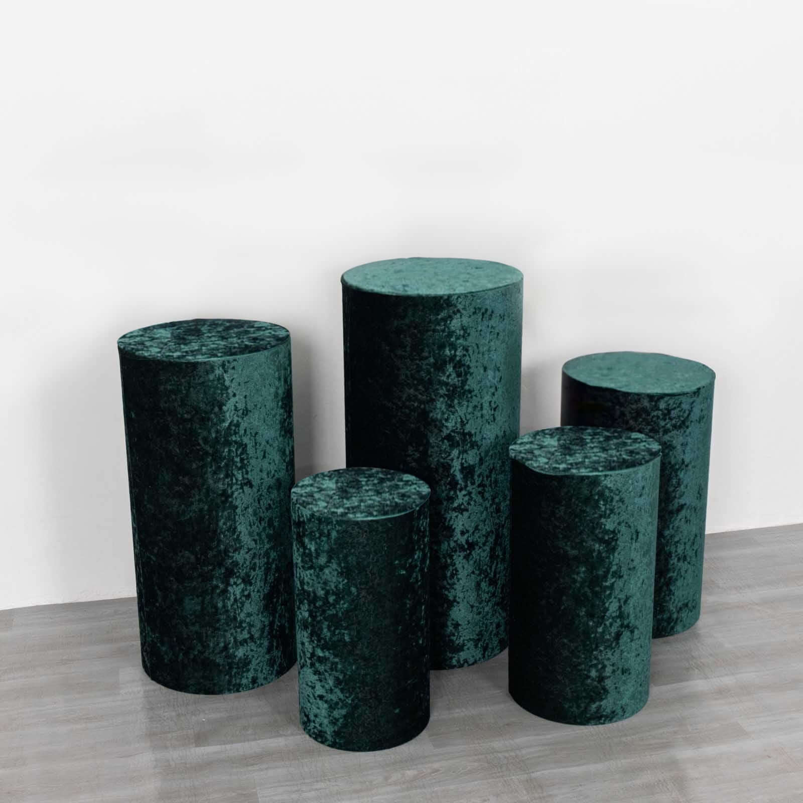 Set of 5 Hunter Emerald Green Crushed Velvet Cylinder Pillar Prop Covers, Premium Pedestal Stand Covers - Image 4
