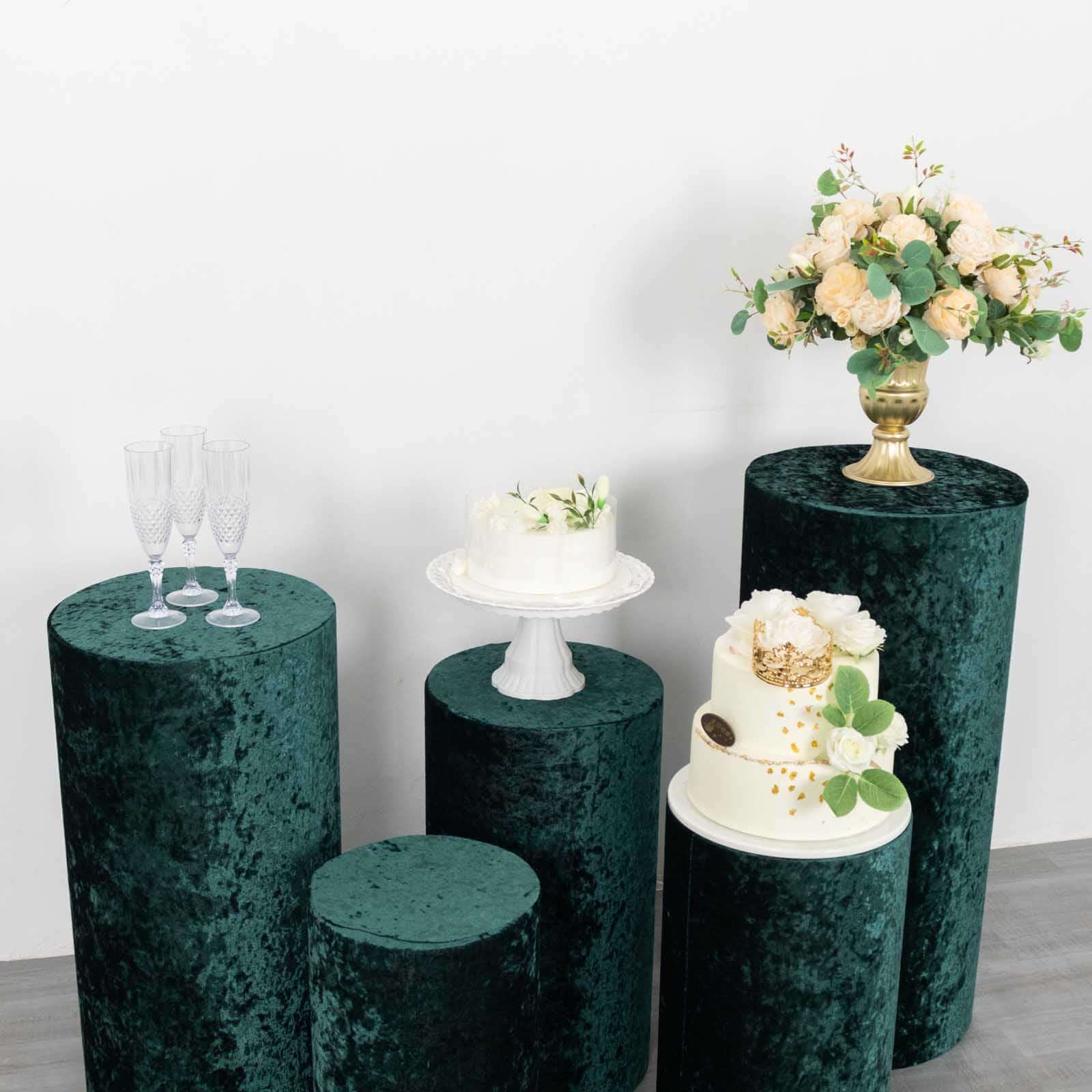 Set of 5 Hunter Emerald Green Crushed Velvet Cylinder Pillar Prop Covers, Premium Pedestal Stand Covers - Image 7
