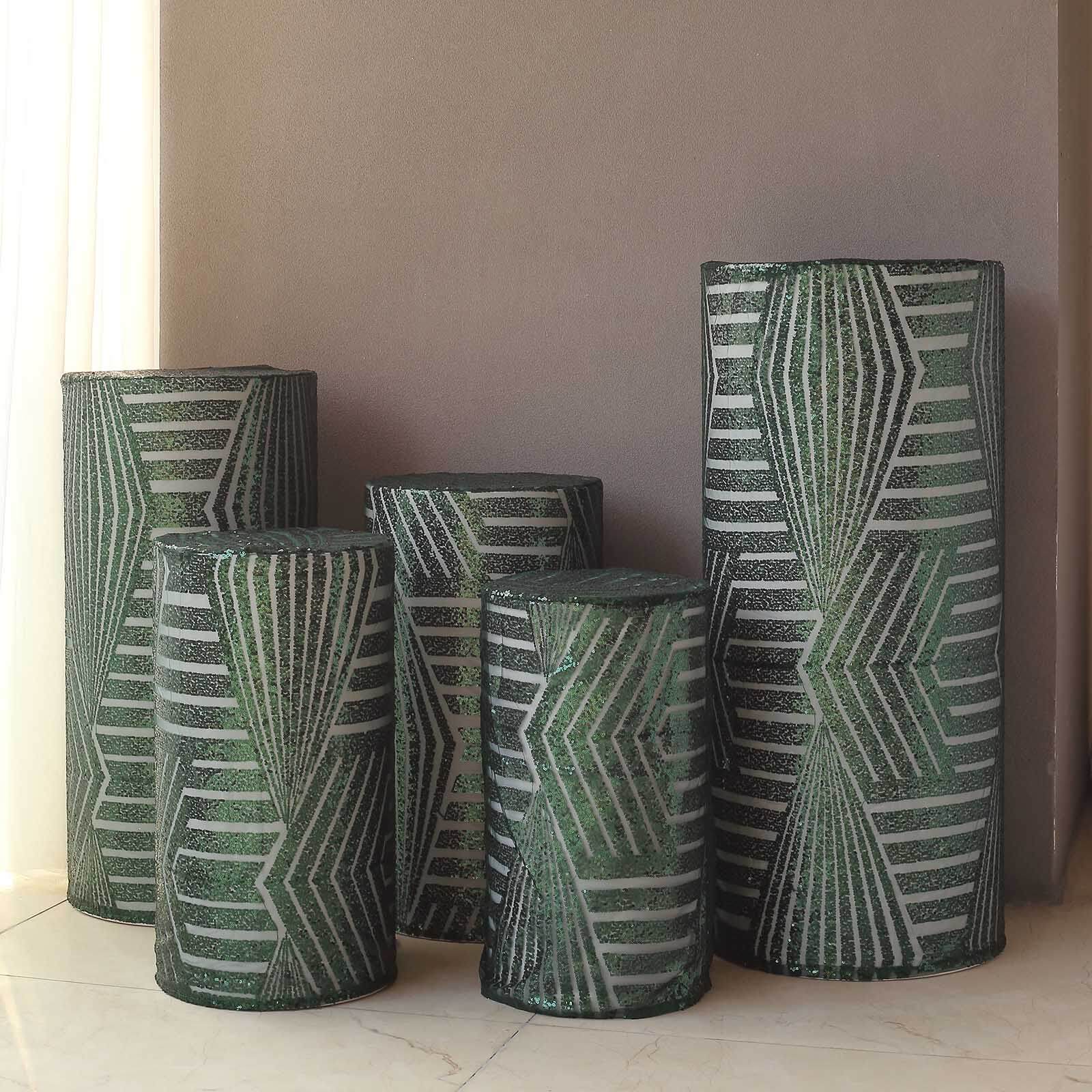 Set of 5 Hunter Emerald Green Sequin Mesh Cylinder Pillar Prop Covers with Geometric Pattern Embroidery, Sparkly Sheer Tulle Pedestal Stand Covers - Image 4