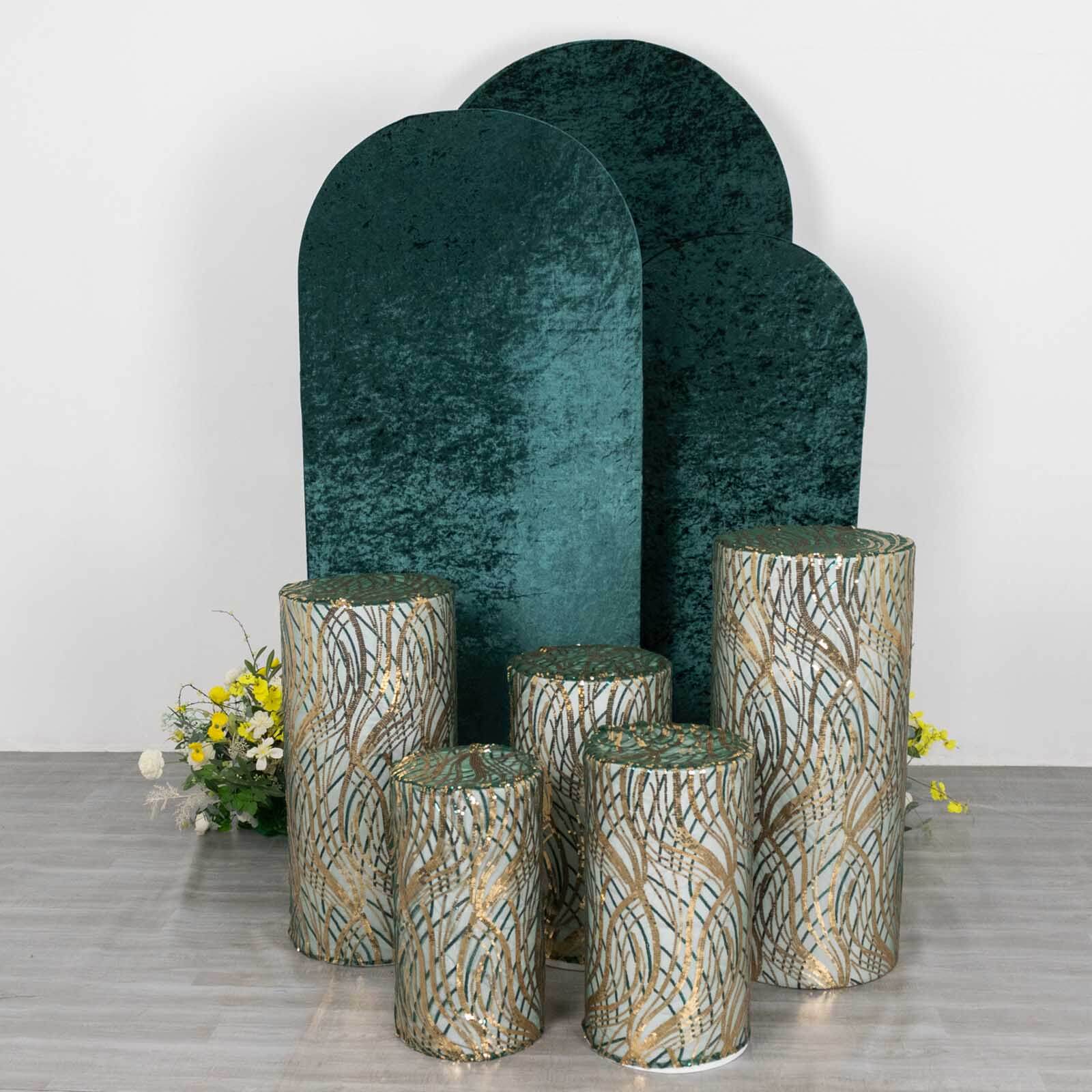 Set of 5 Hunter Green Wave Mesh Cylinder Pillar Prop Covers with Embroidered Sequins, Premium Emerald Pedestal Stand Covers - 160 GSM - Image 2