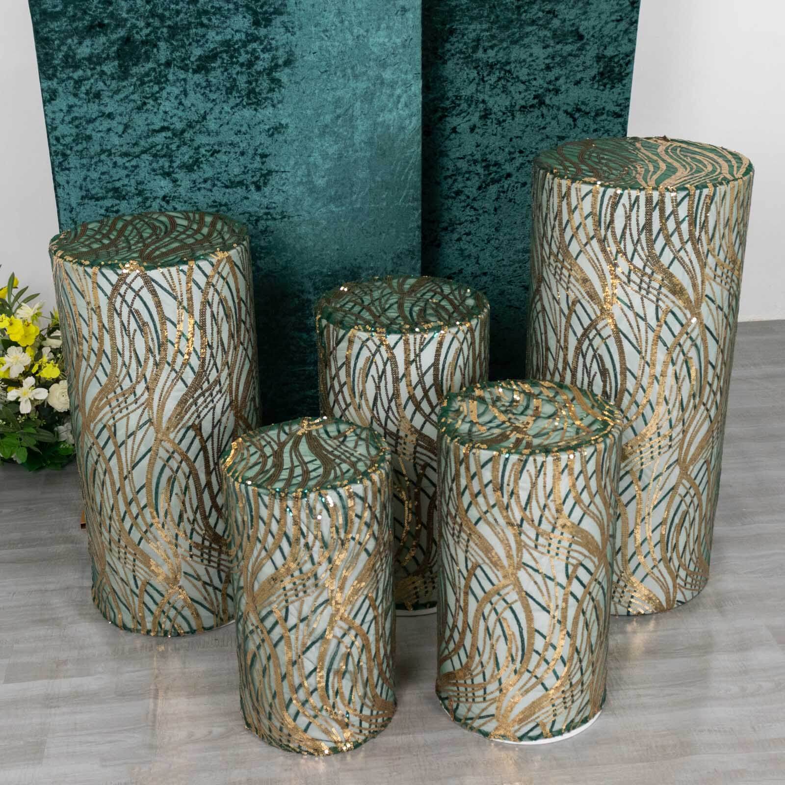 Set of 5 Hunter Green Wave Mesh Cylinder Pillar Prop Covers with Embroidered Sequins, Premium Emerald Pedestal Stand Covers - 160 GSM - Image 4