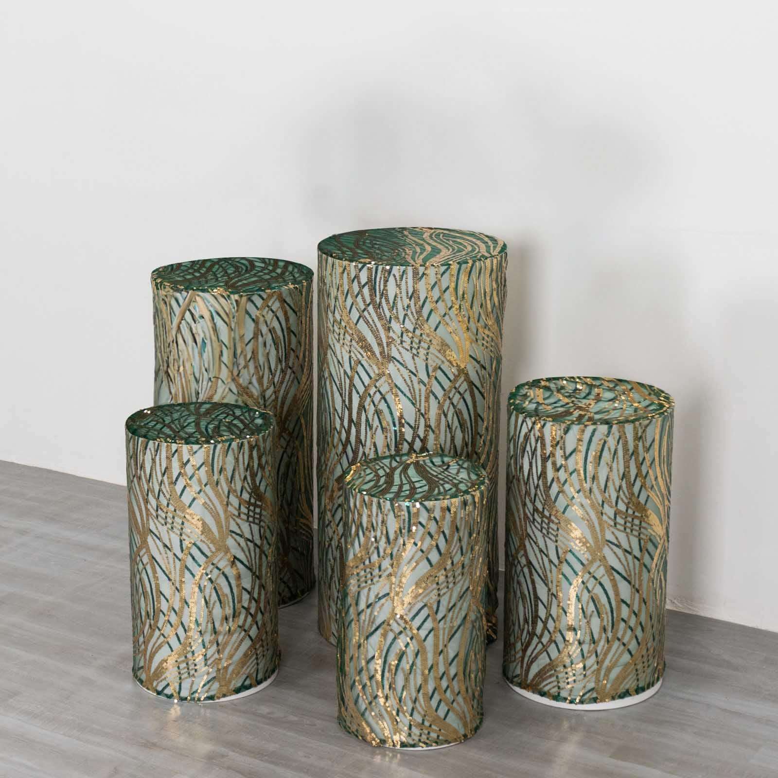 Set of 5 Hunter Green Wave Mesh Cylinder Pillar Prop Covers with Embroidered Sequins, Premium Emerald Pedestal Stand Covers - 160 GSM - Image 6