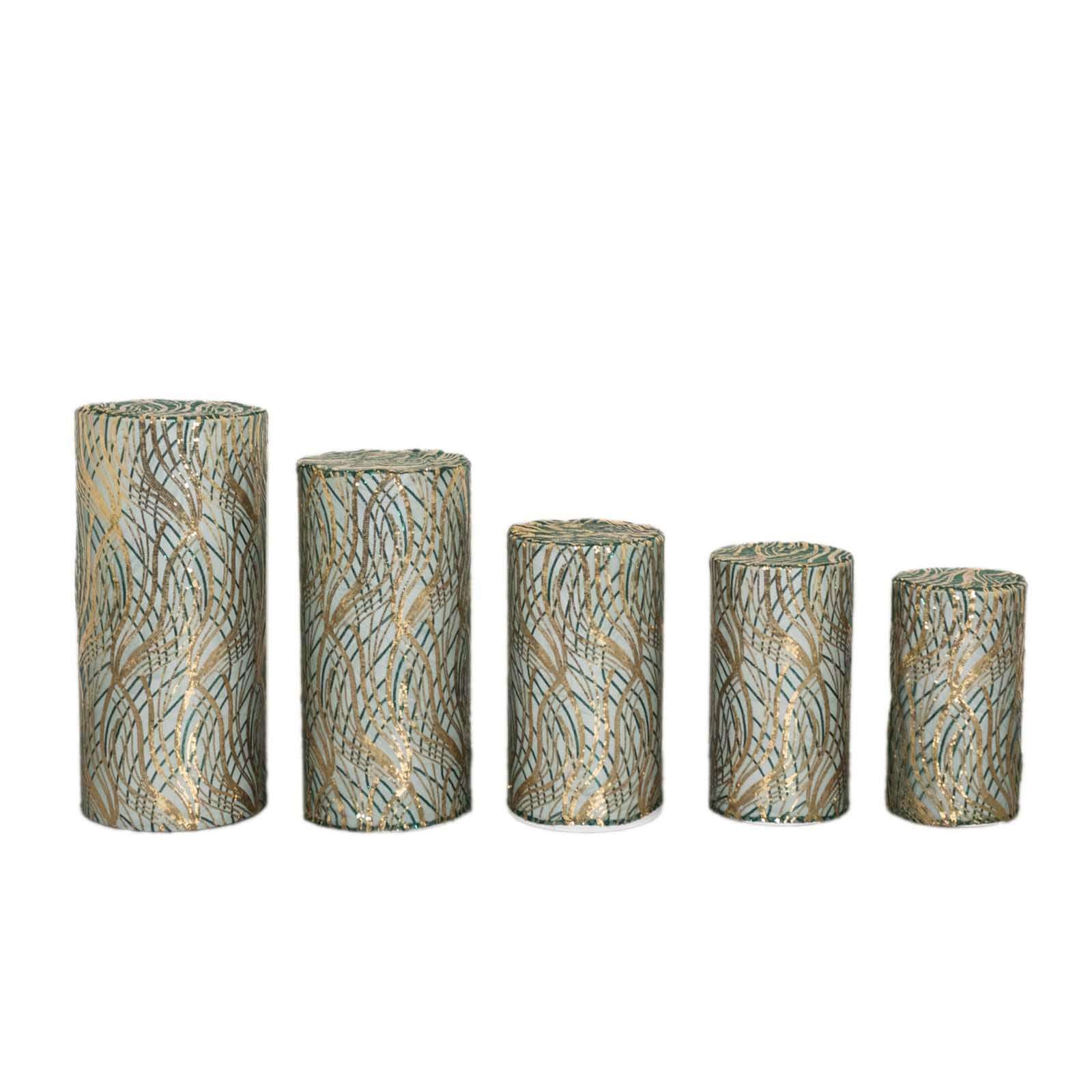 Set of 5 Hunter Green Wave Mesh Cylinder Pillar Prop Covers with Embroidered Sequins, Premium Emerald Pedestal Stand Covers - 160 GSM - Image 7