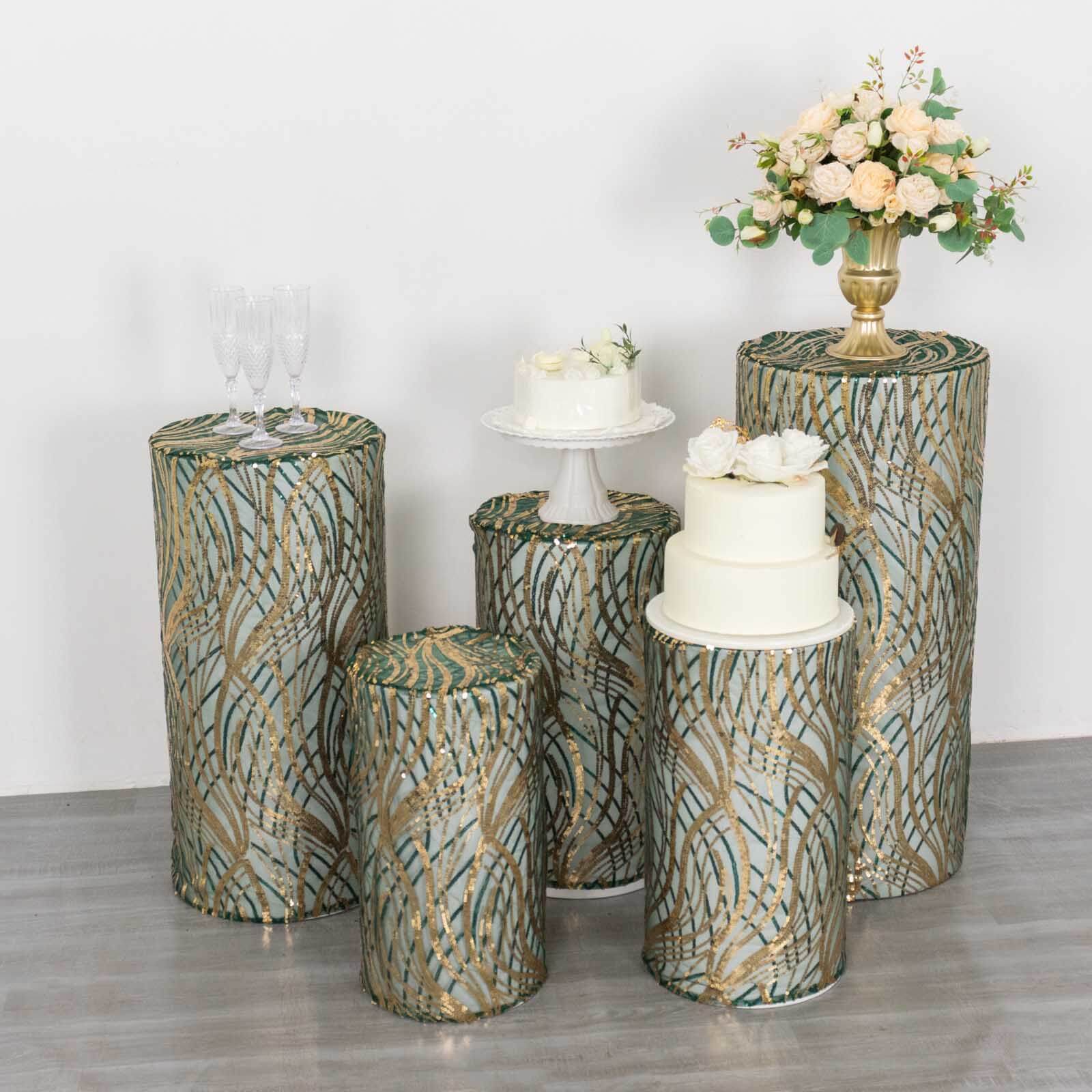 Set of 5 Hunter Green Wave Mesh Cylinder Pillar Prop Covers with Embroidered Sequins, Premium Emerald Pedestal Stand Covers - 160 GSM - Image 8