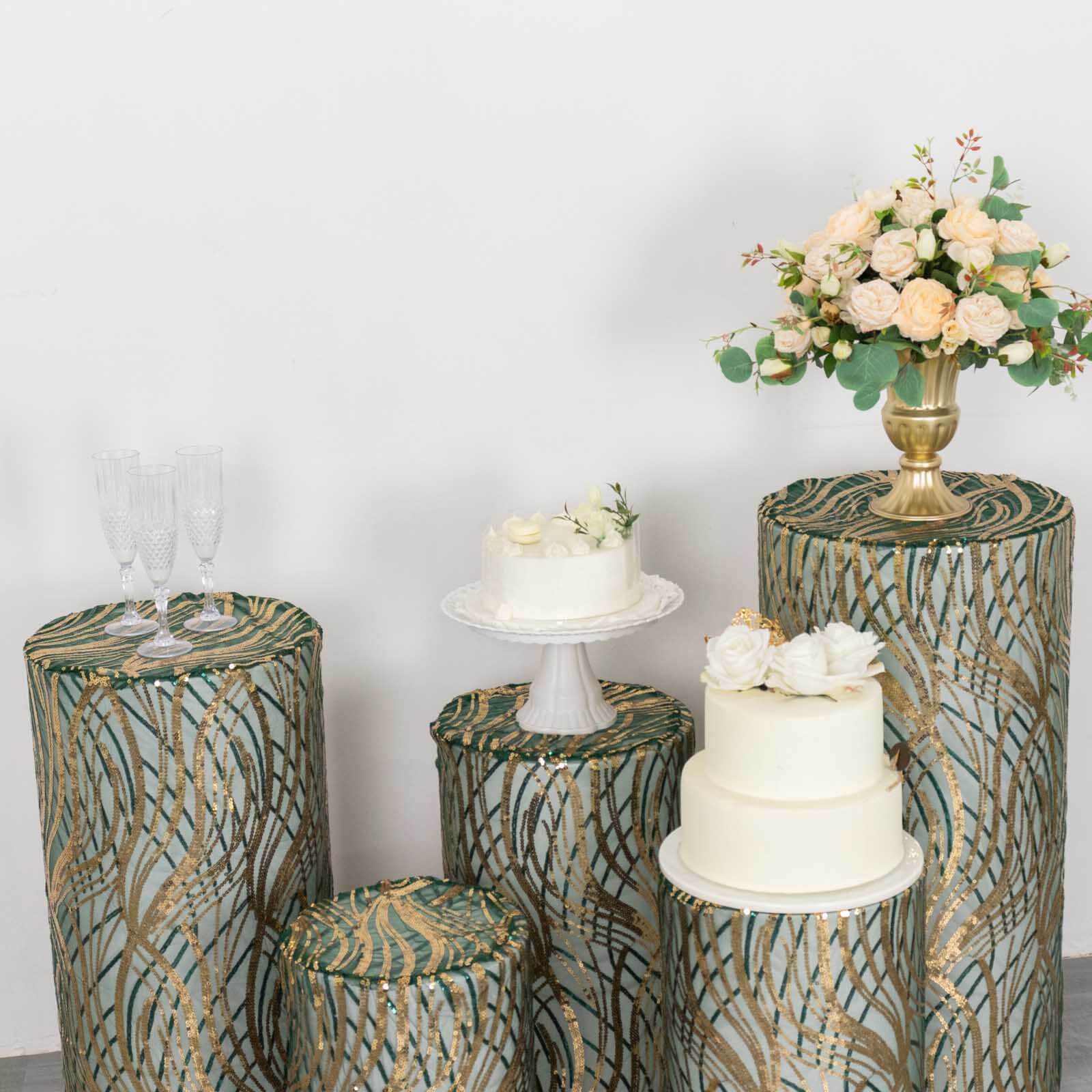 Set of 5 Hunter Green Wave Mesh Cylinder Pillar Prop Covers with Embroidered Sequins, Premium Emerald Pedestal Stand Covers - 160 GSM - Image 9