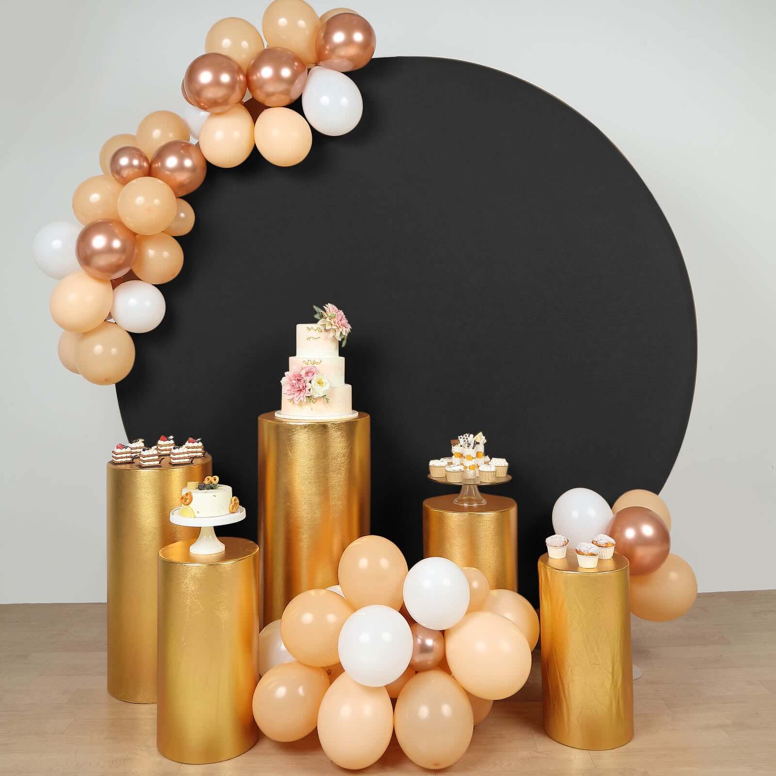 Set of 5 Metallic Gold Spandex Cylinder Pillar Prop Covers, Shiny Stretchable Pedestal Stand Covers - 130 GSM - Image 2