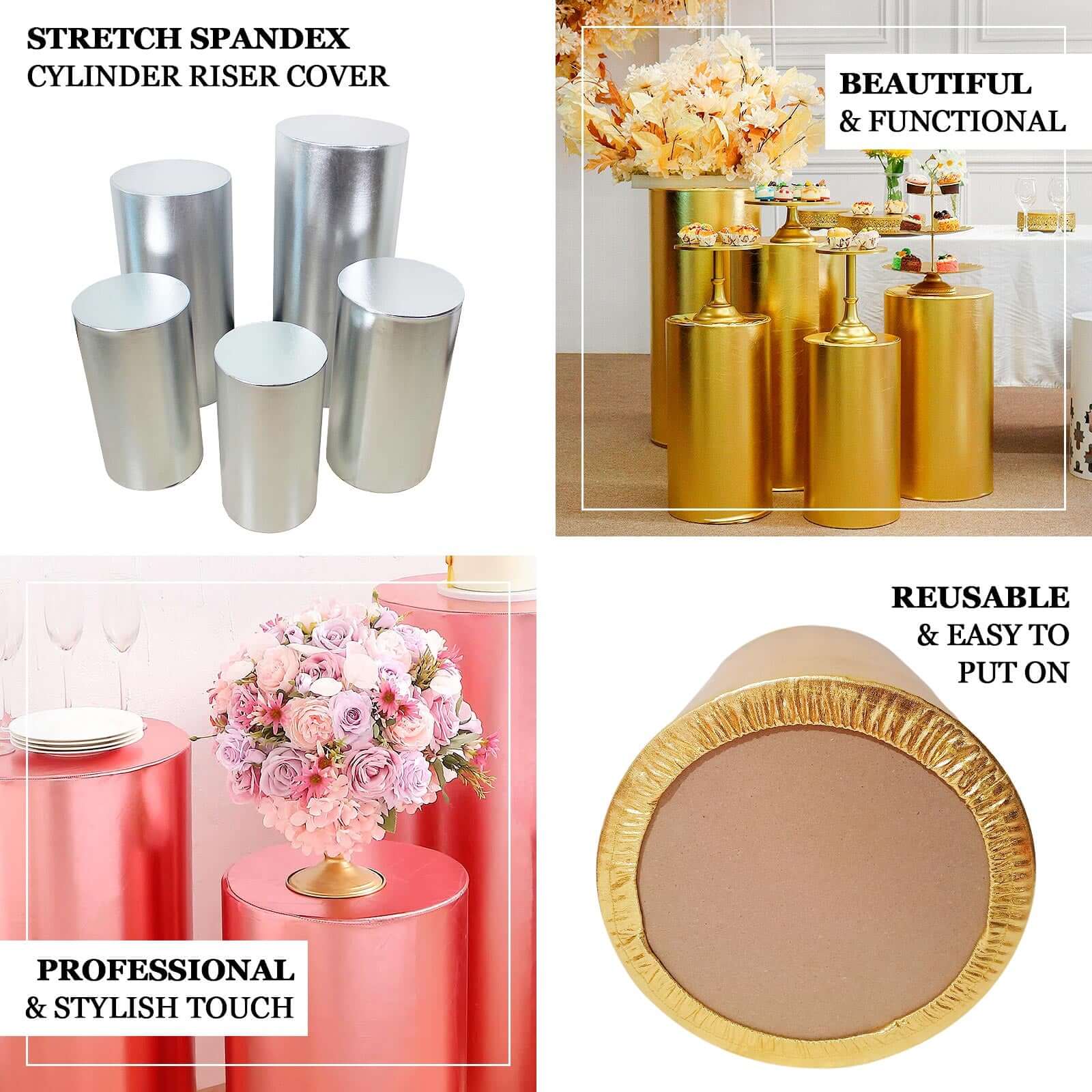 Set of 5 Metallic Gold Spandex Cylinder Pillar Prop Covers, Shiny Stretchable Pedestal Stand Covers - 130 GSM - Image 4