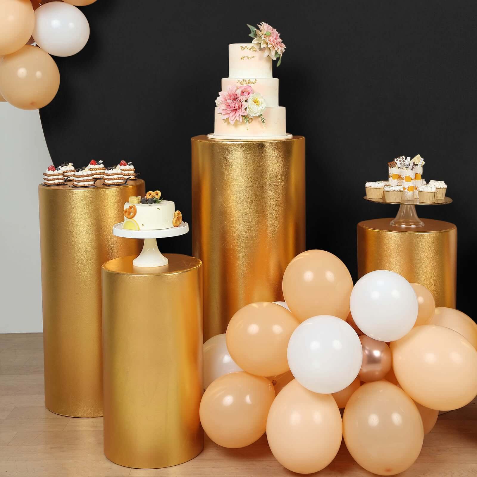 Set of 5 Metallic Gold Spandex Cylinder Pillar Prop Covers, Shiny Stretchable Pedestal Stand Covers - 130 GSM - Image 7