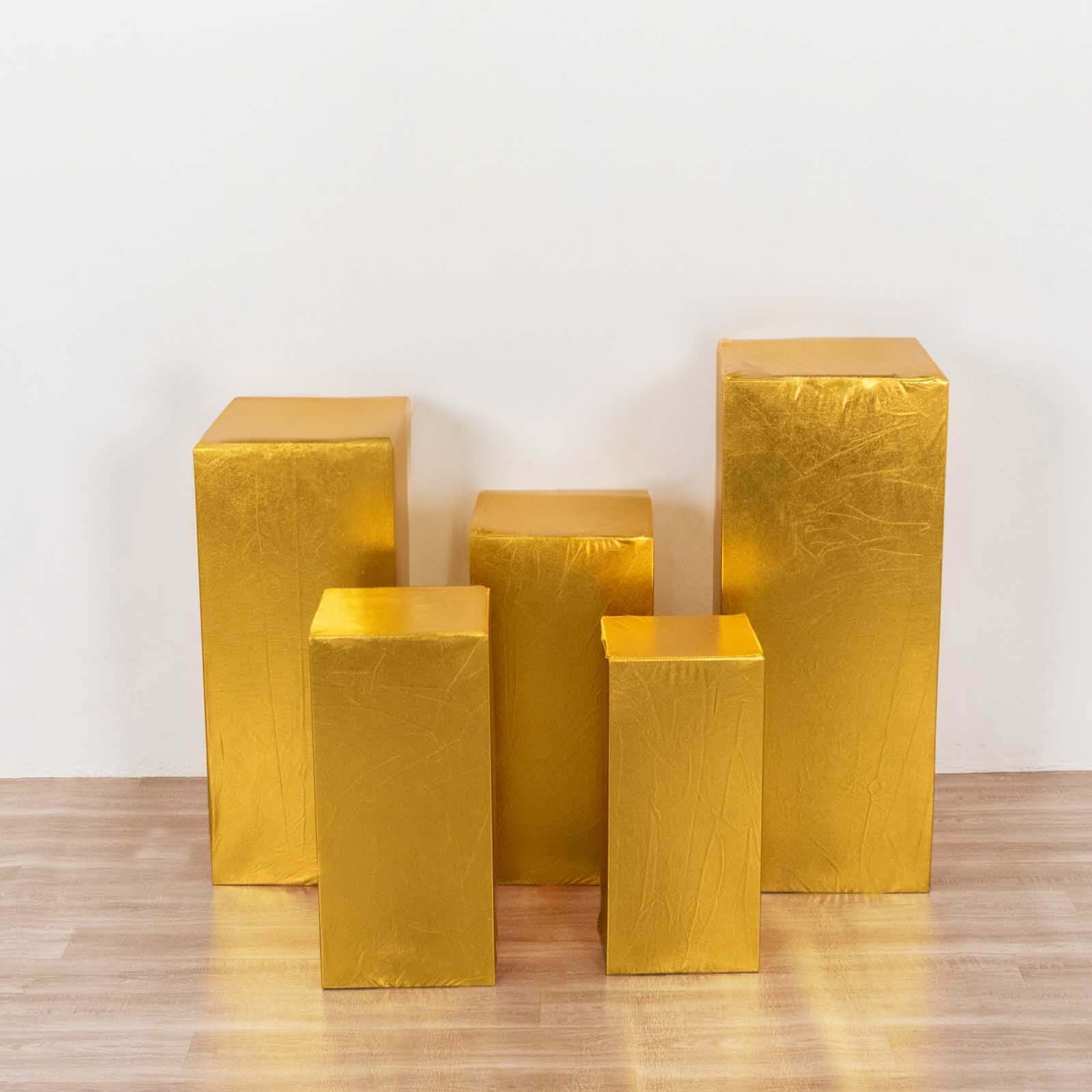 Set of 5 Metallic Gold Spandex Rectangle Pillar Prop Covers, Stretchable Pedestal Stand Covers - 160 GSM