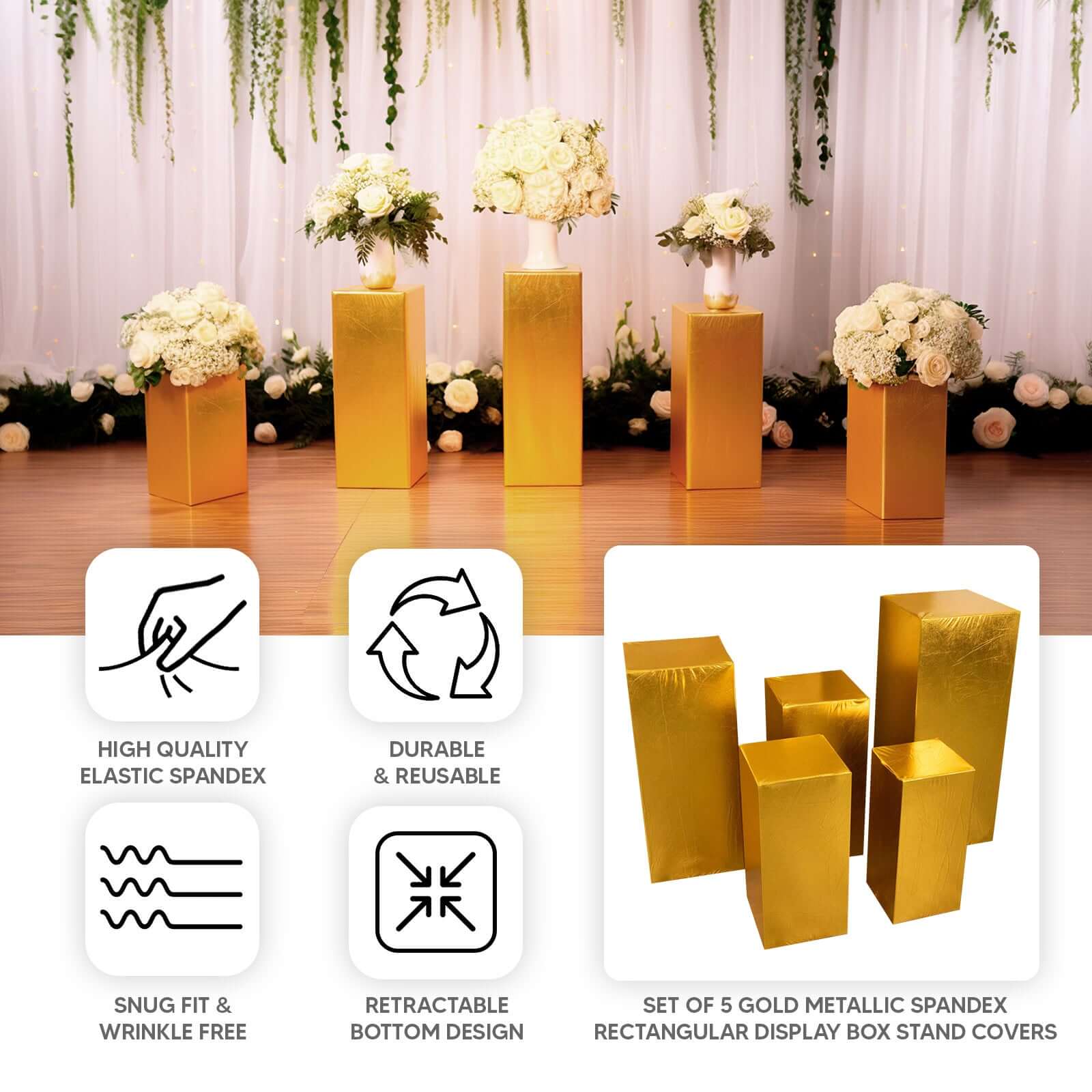 Set of 5 Metallic Gold Spandex Rectangle Pillar Prop Covers, Stretchable Pedestal Stand Covers - 160 GSM - Image 4