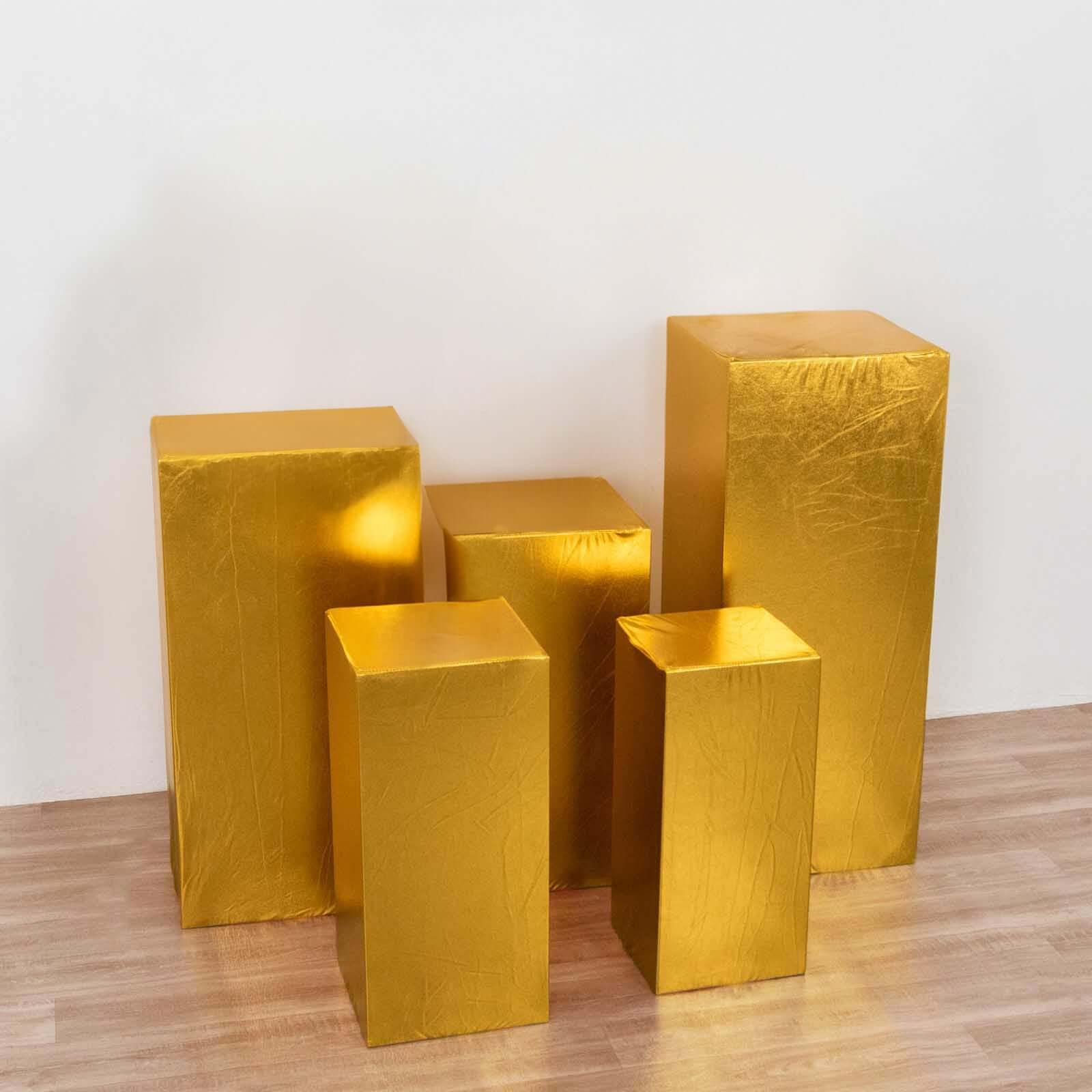 Set of 5 Metallic Gold Spandex Rectangle Pillar Prop Covers, Stretchable Pedestal Stand Covers - 160 GSM - Image 6
