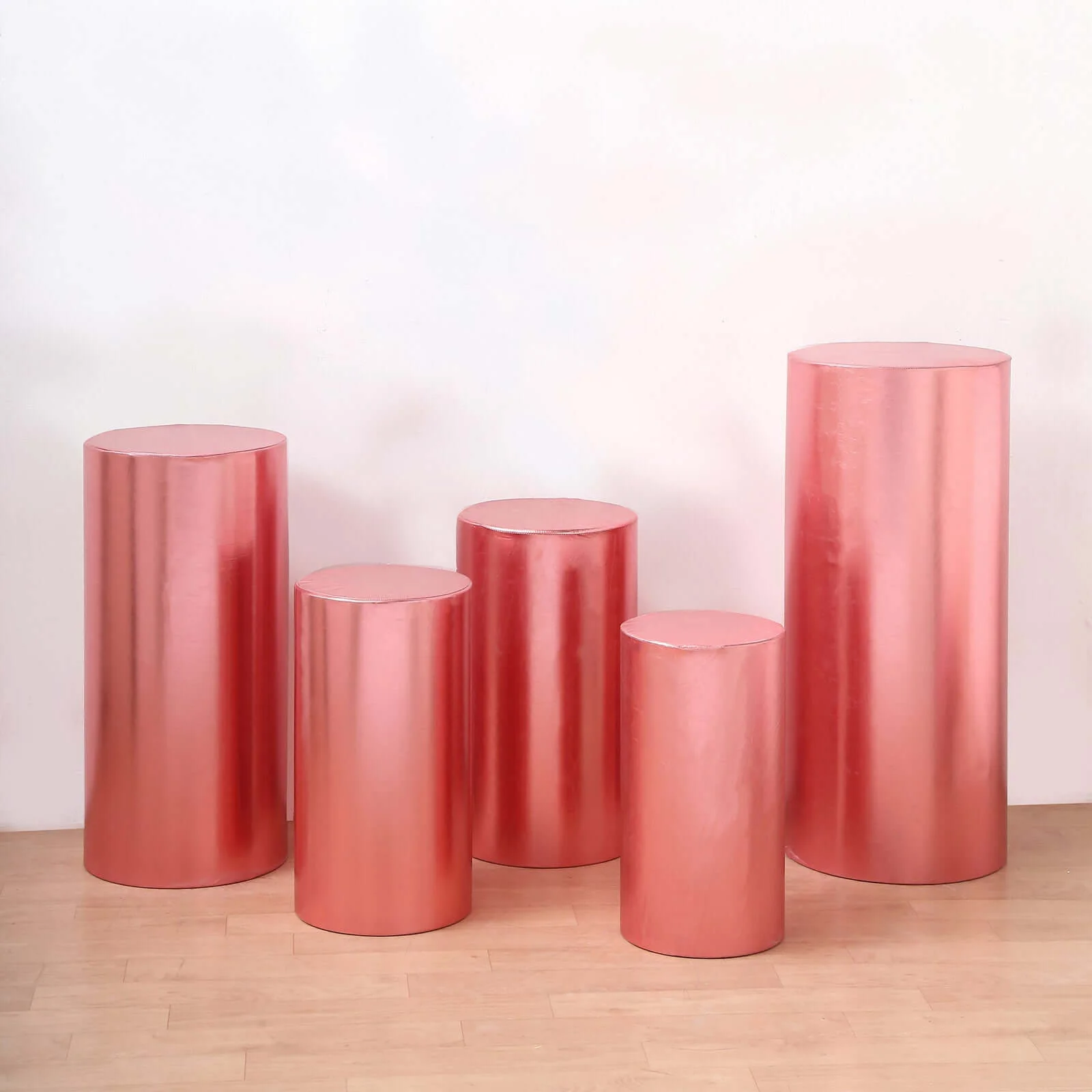 Set of 5 Metallic Rose Gold Spandex Cylinder Pillar Prop Covers, Shiny Stretchable Pedestal Stand Covers - 130 GSM - Image 2