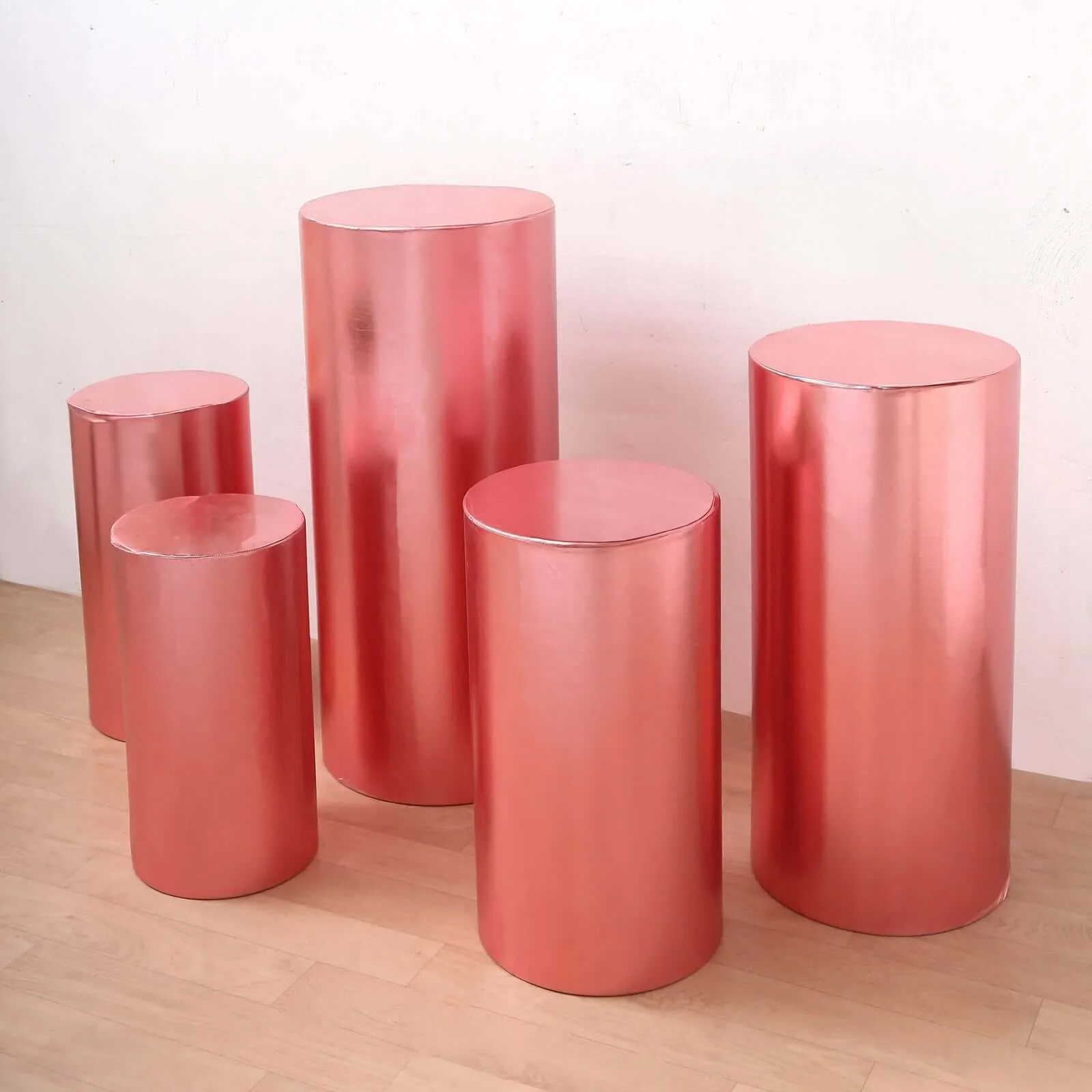 Set of 5 Metallic Rose Gold Spandex Cylinder Pillar Prop Covers, Shiny Stretchable Pedestal Stand Covers - 130 GSM - Image 6