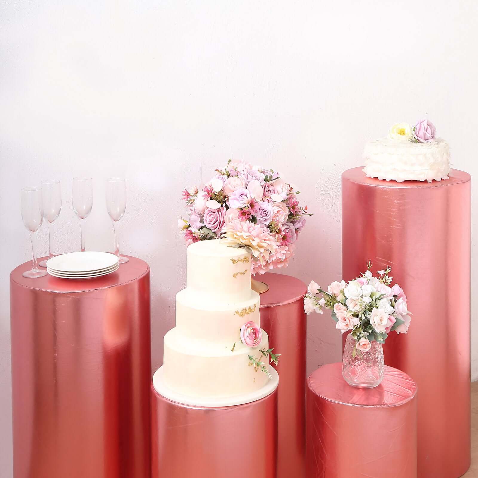 Set of 5 Metallic Rose Gold Spandex Cylinder Pillar Prop Covers, Shiny Stretchable Pedestal Stand Covers - 130 GSM - Image 8