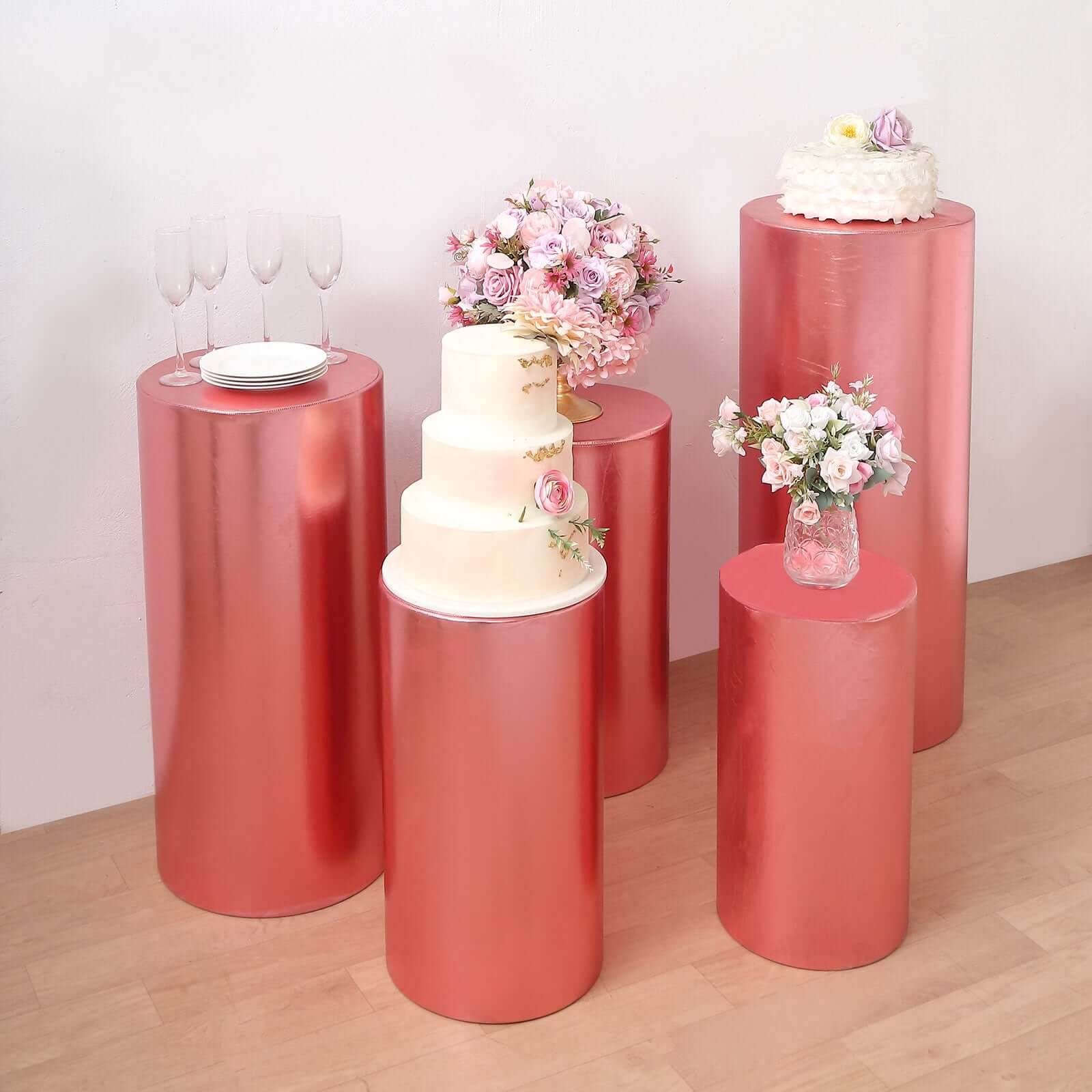 Set of 5 Metallic Rose Gold Spandex Cylinder Pillar Prop Covers, Shiny Stretchable Pedestal Stand Covers - 130 GSM - Image 9