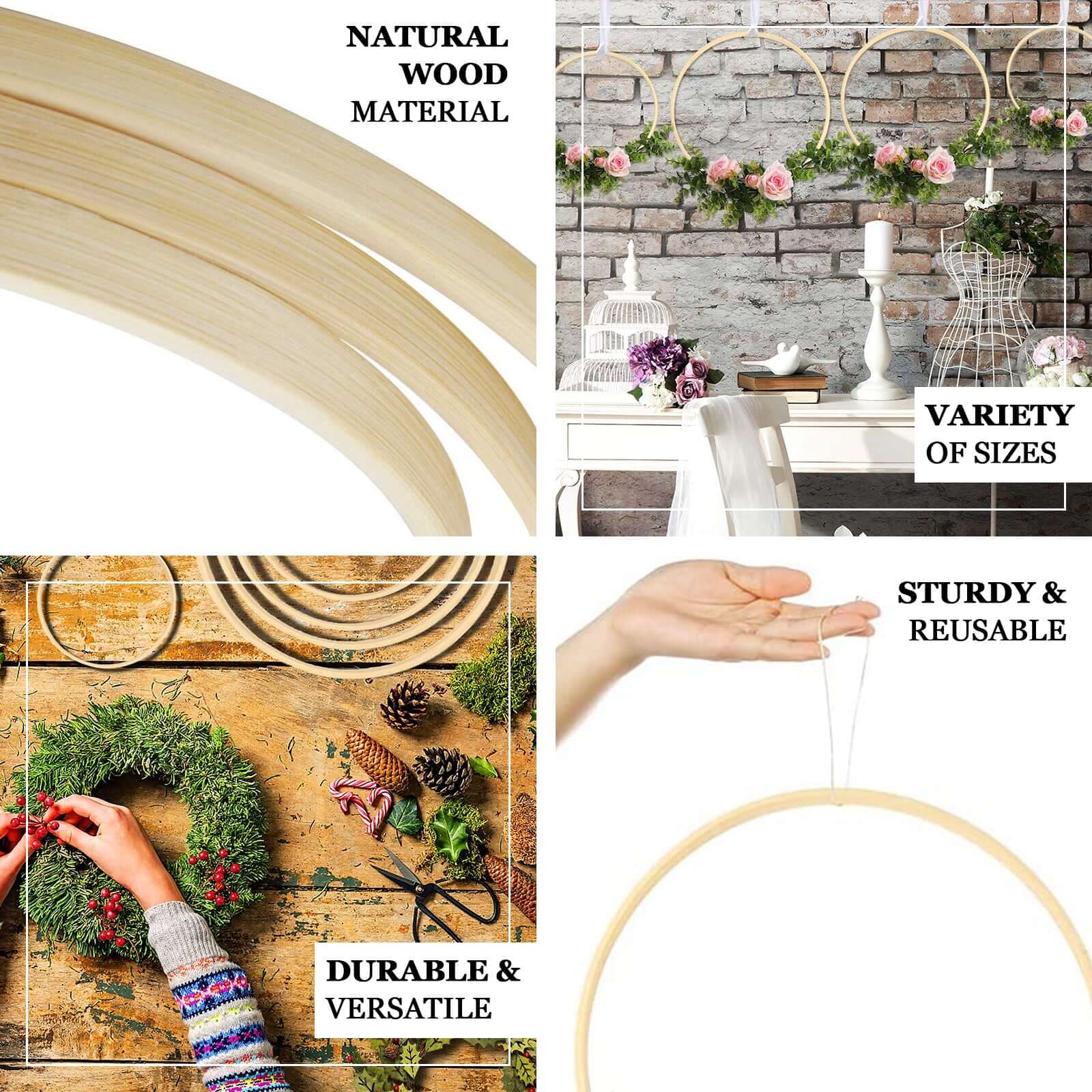 Set of 5 Natural Wooden Rings for Crafts, Floral Hoop Wreath - Image 4