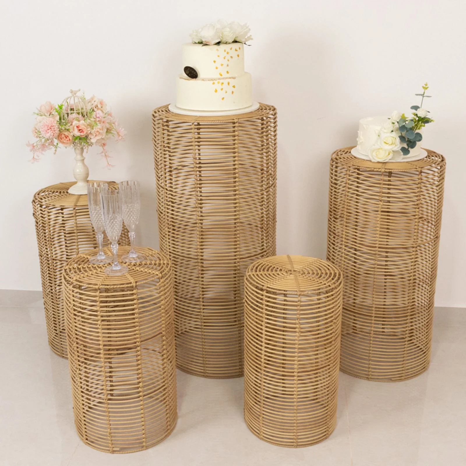 Set of 5 Natural Woven Rattan Wicker Plant Stands, Farmhouse Side Table Cylinder Cake Pedestal Dessert Display Stands - 20",21",24",29",36" - Image 3