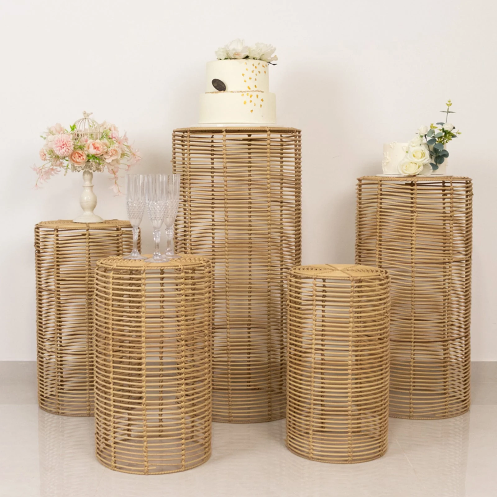 Set of 5 Natural Woven Rattan Wicker Plant Stands, Farmhouse Side Table Cylinder Cake Pedestal Dessert Display Stands - 20",21",24",29",36" - Image 4