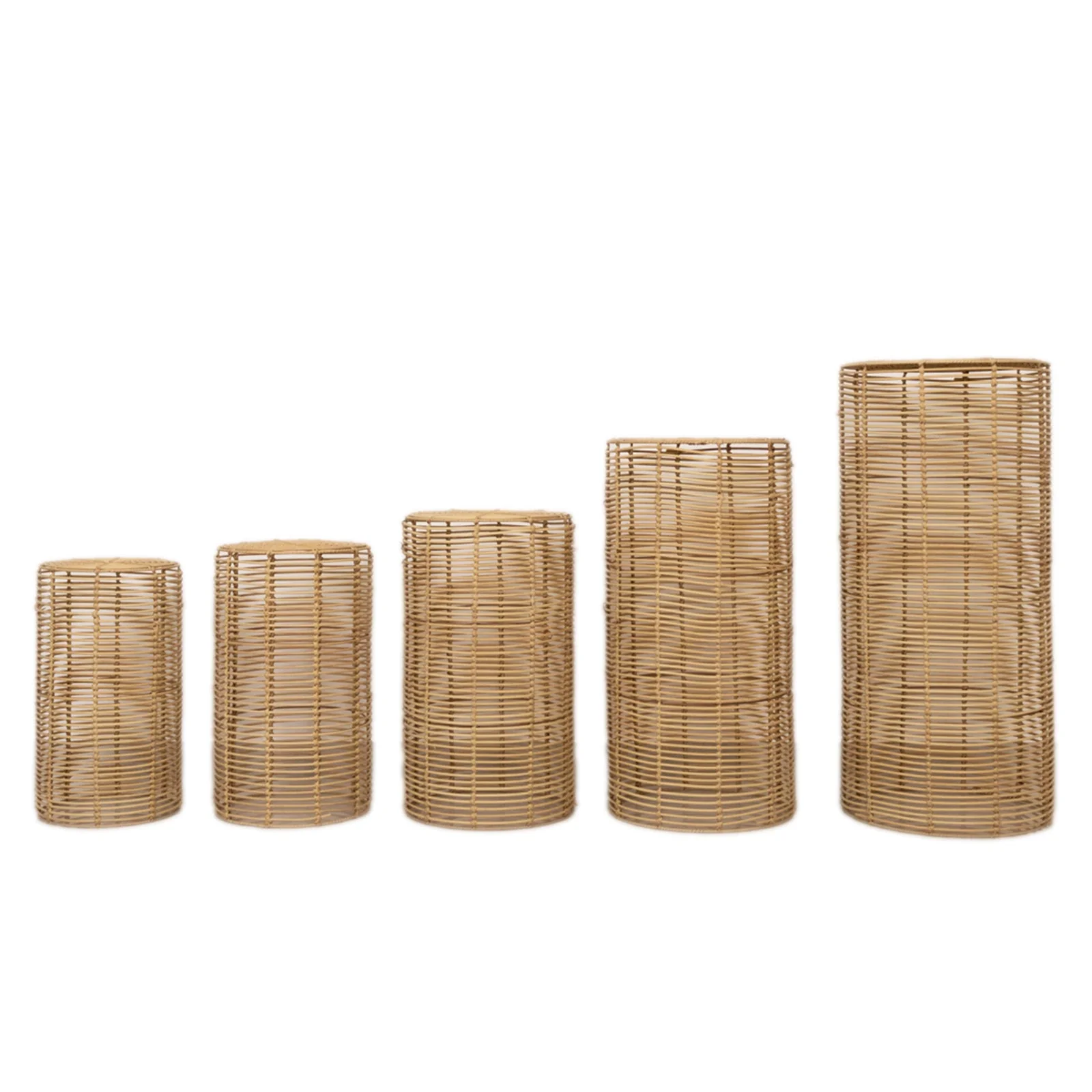 Set of 5 Natural Woven Rattan Wicker Plant Stands, Farmhouse Side Table Cylinder Cake Pedestal Dessert Display Stands - 20",21",24",29",36" - Image 5