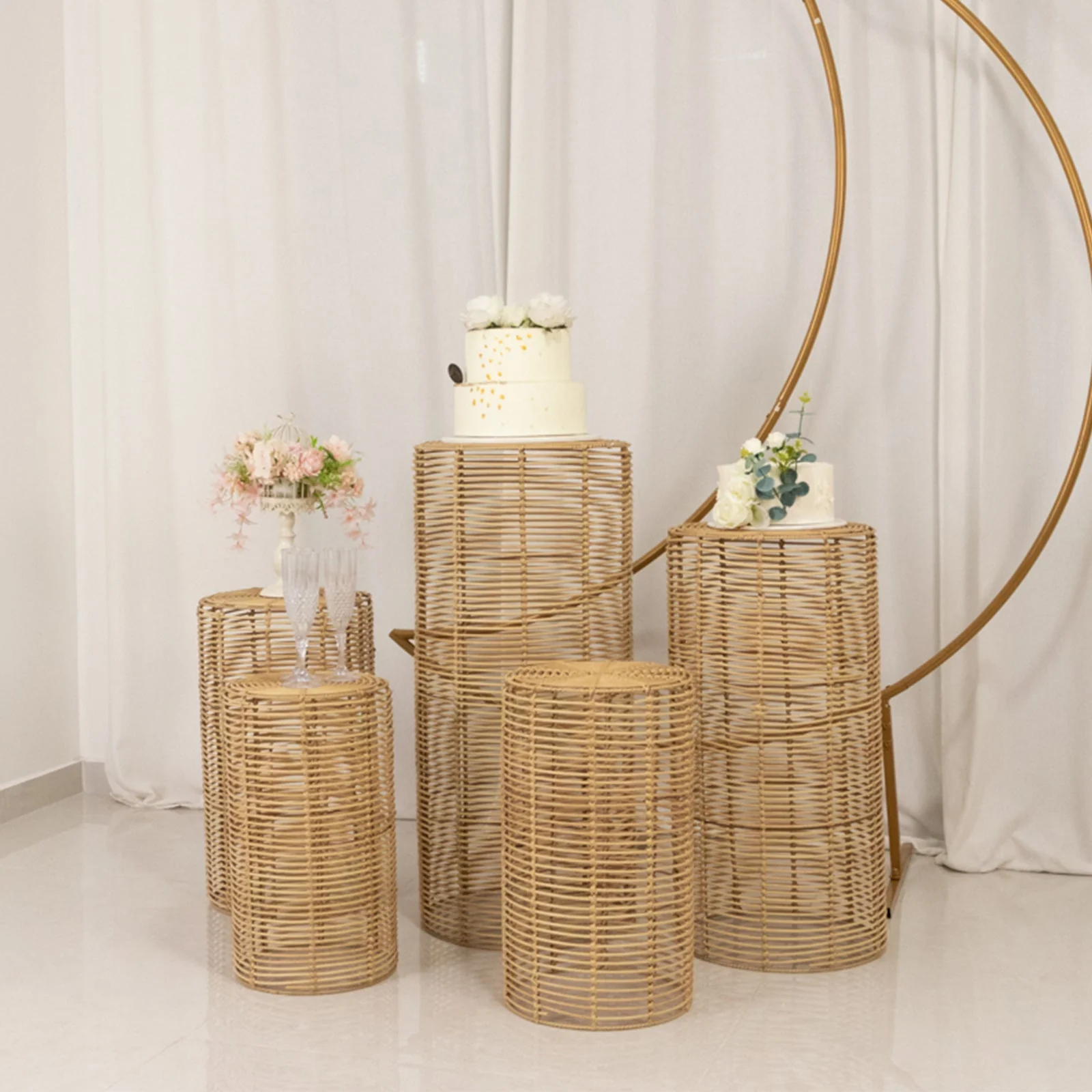 Set of 5 Natural Woven Rattan Wicker Plant Stands, Farmhouse Side Table Cylinder Cake Pedestal Dessert Display Stands - 20",21",24",29",36" - Image 6