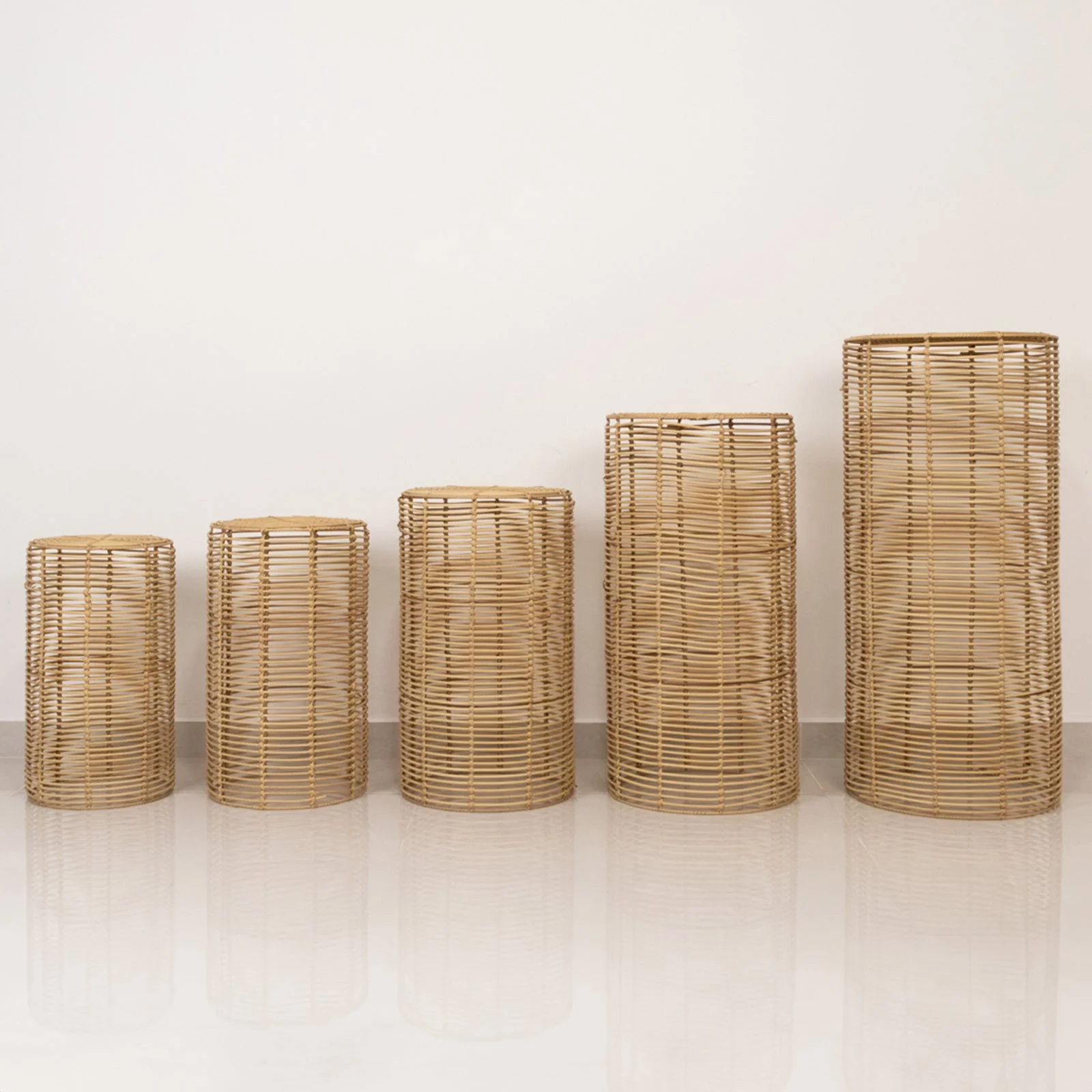 Set of 5 Natural Woven Rattan Wicker Plant Stands, Farmhouse Side Table Cylinder Cake Pedestal Dessert Display Stands - 20",21",24",29",36" - Image 7