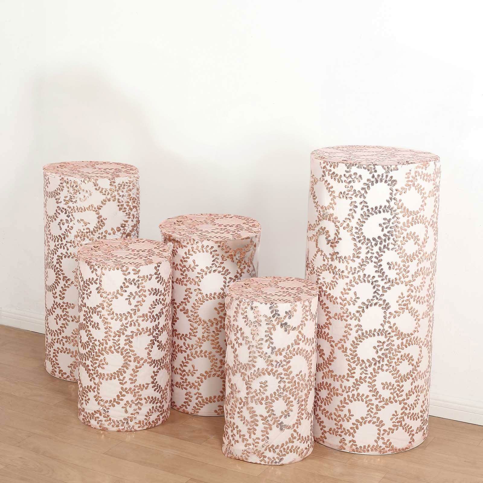 Set of 5 Rose Gold Sequin Mesh Cylinder Pillar Prop Covers with Leaf Vine Embroidery, Sparkly Sheer Tulle Pedestal Stand Covers - Image 4